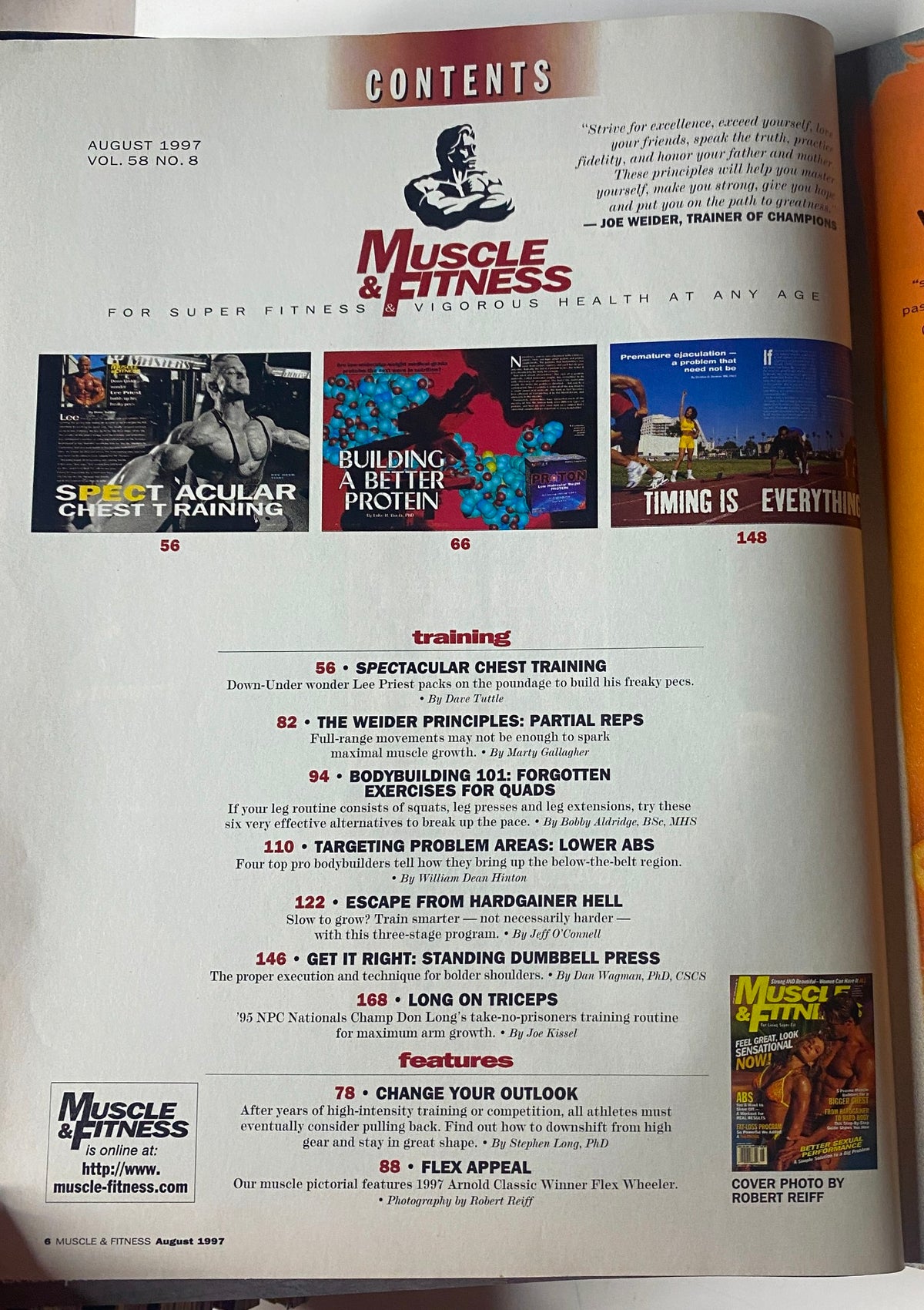 Contents page of Muscle & Fitness Magazine, August 1997, listing features like Spectacular Chest Training and The Weider Principles.