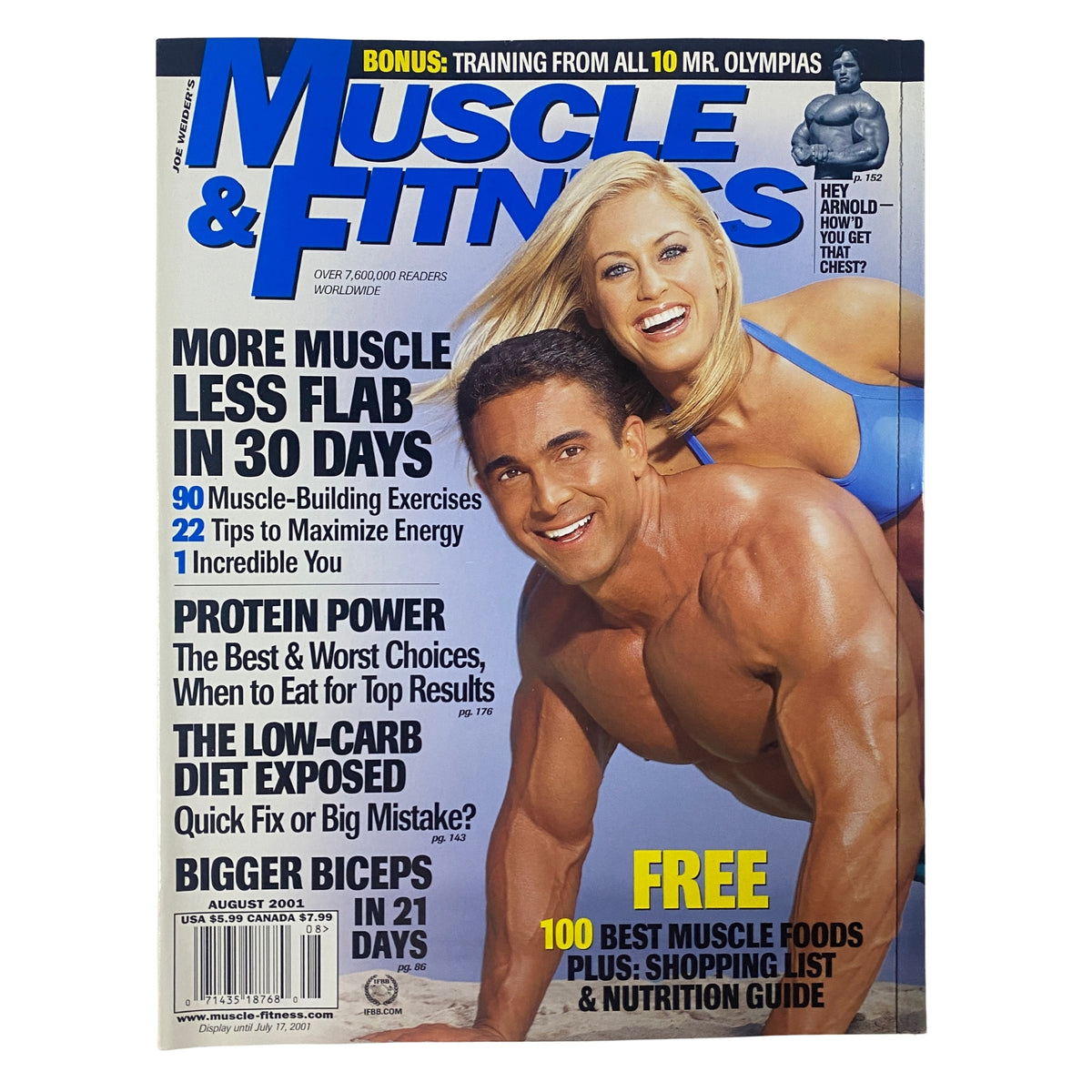 Cover of Muscle & Fitness Magazine August 2001 featuring Angie Chittenden and Gus Malliarodakis, highlighting bodybuilding insights and workouts.