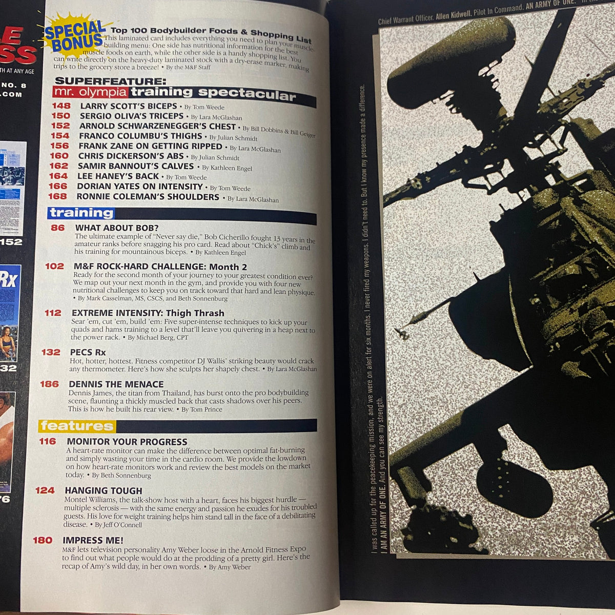 Contents page from Muscle & Fitness Magazine August 2001, listing features including Mr. Olympia Training Spectacular and training routines.