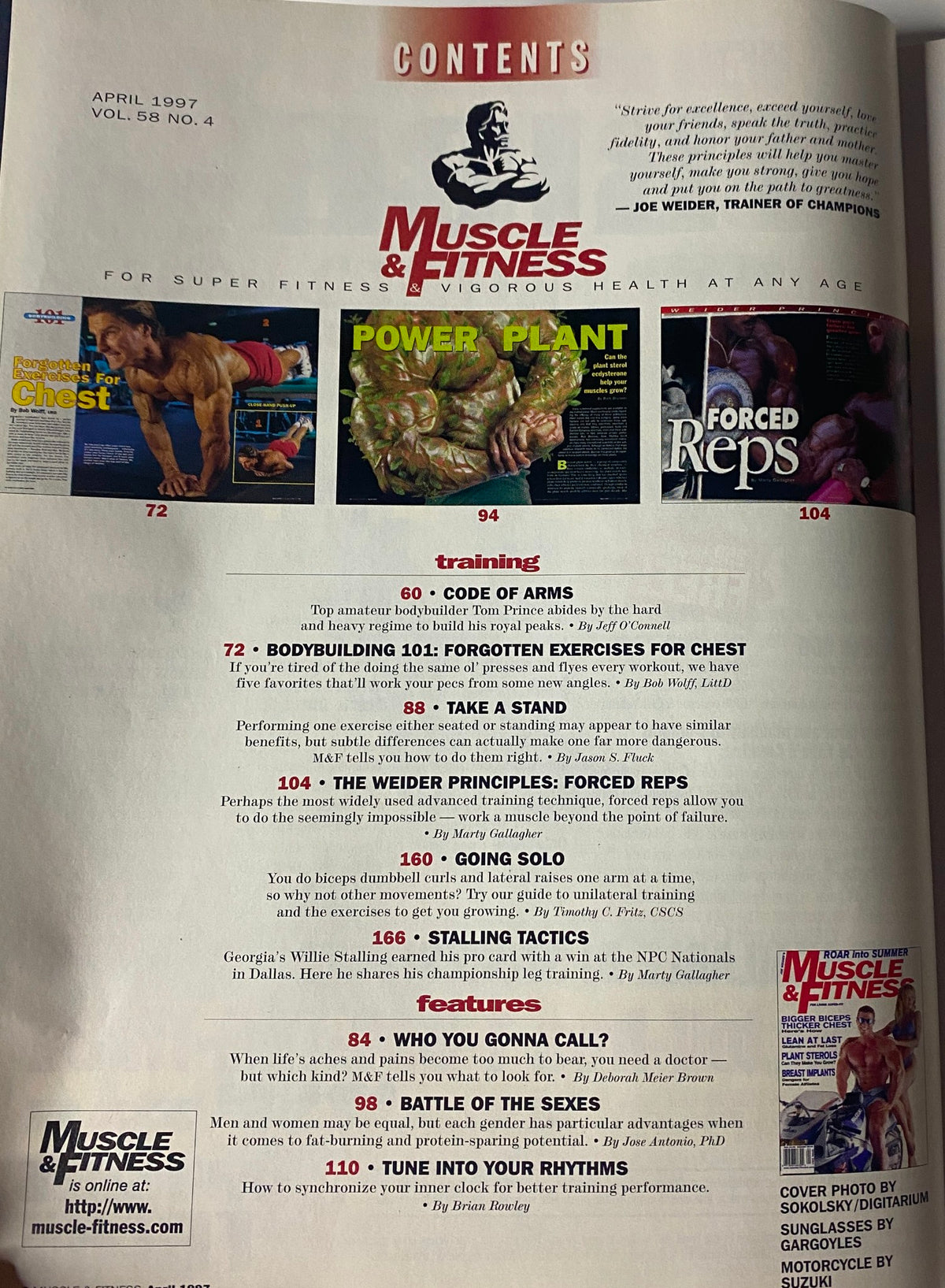 Contents page of Muscle & Fitness Magazine April 1997, Vol 58 No. 4. It includes sections on training techniques, bodybuilding exercises, features, and articles related to fitness and health.