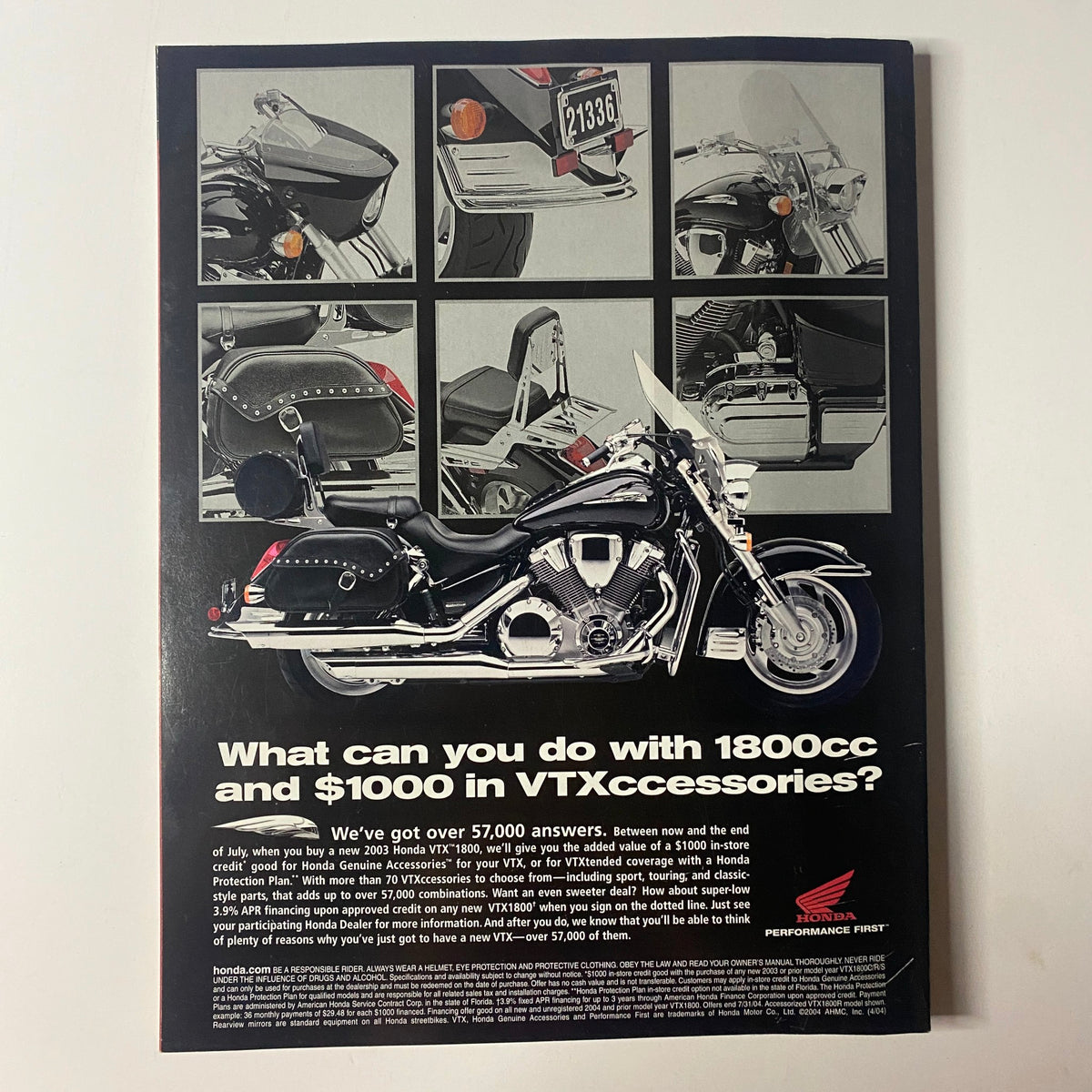Back cover of Muscle & Fitness Magazine July 2004 Vol 65 No. 7 featuring a promotional image for VTX accessories, highlighting motorcycle accessories and features.