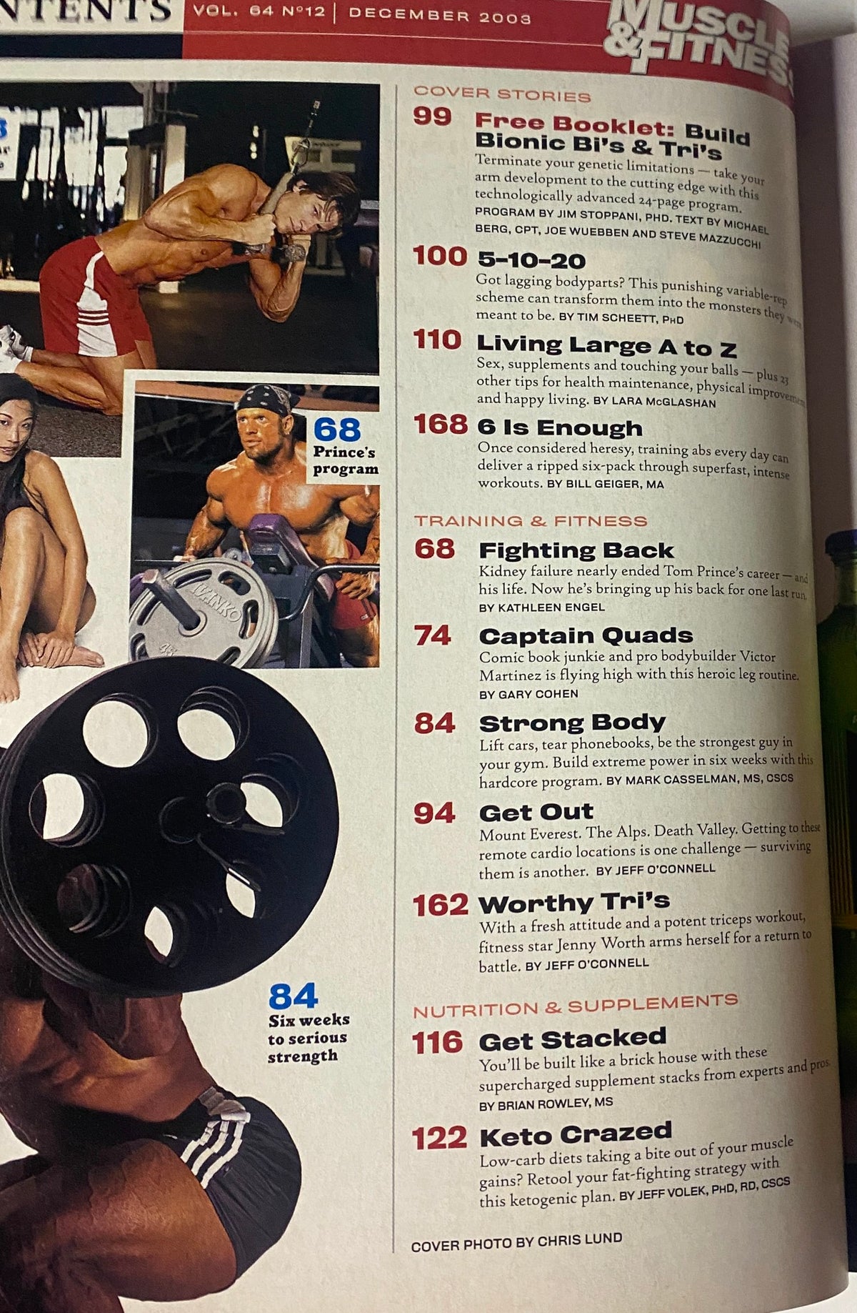 Contents page of Muscle & Fitness Magazine December 2003 featuring articles on arm training, high-intensity methods, and a profile of top athletes.