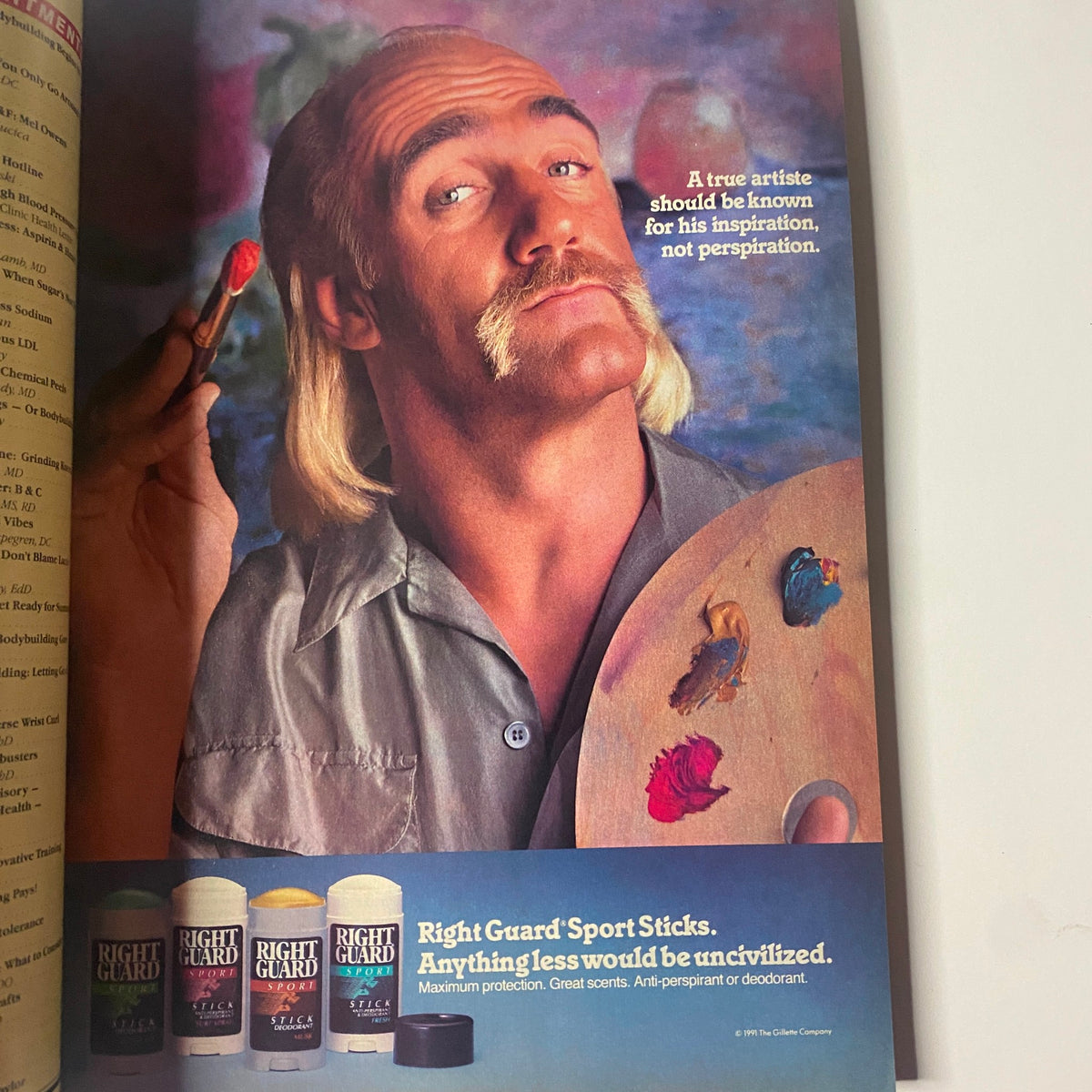 Advertisement from Muscle & Fitness Magazine June 1992 featuring a man portraying a painter, promoting Right Guard Sport Sticks with the slogan about artistry and perspiration.