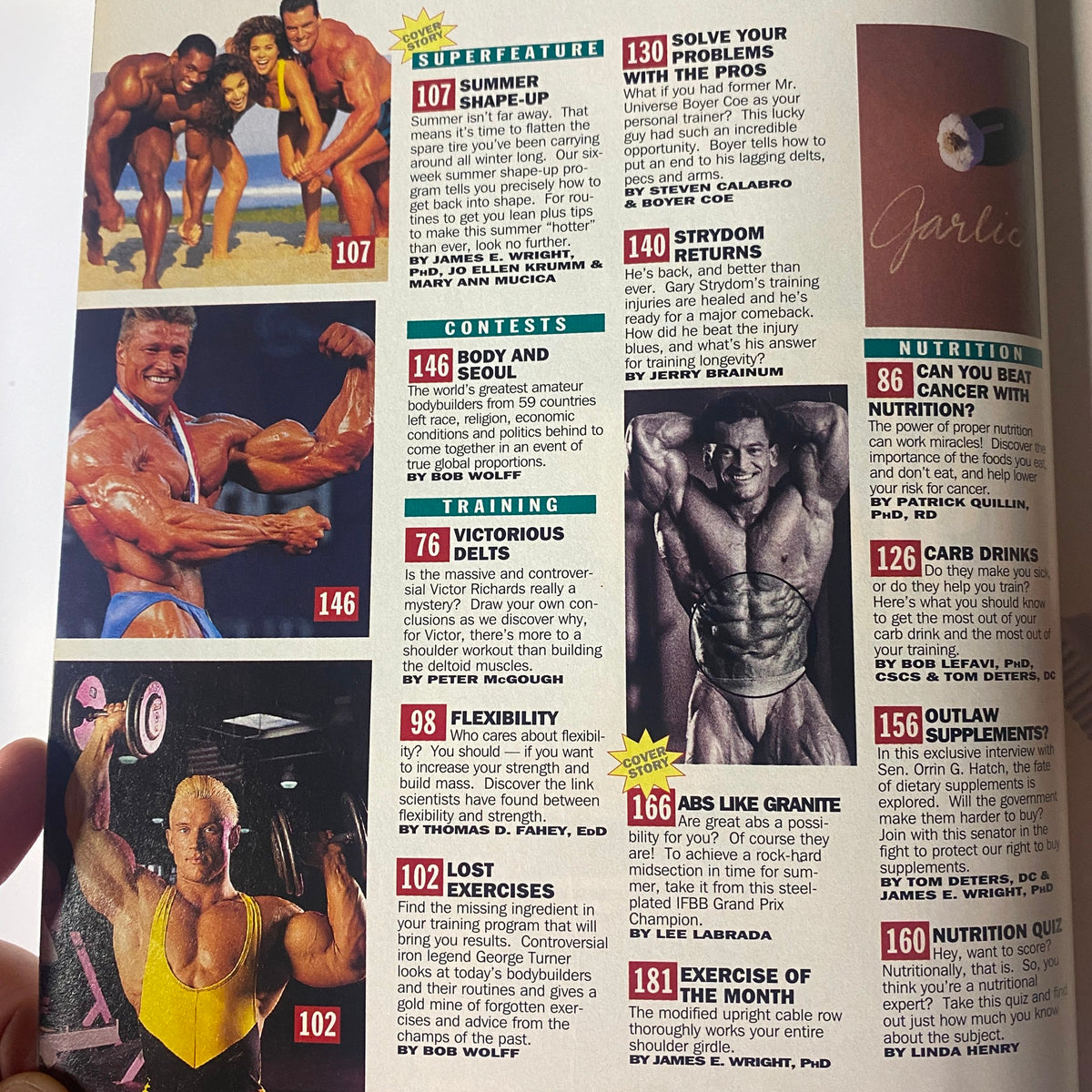 Interior page of Muscle & Fitness Magazine June 1994 showcasing features on bodybuilding, training, and nutrition, including the Summer Shape-Up program and advice from experts.