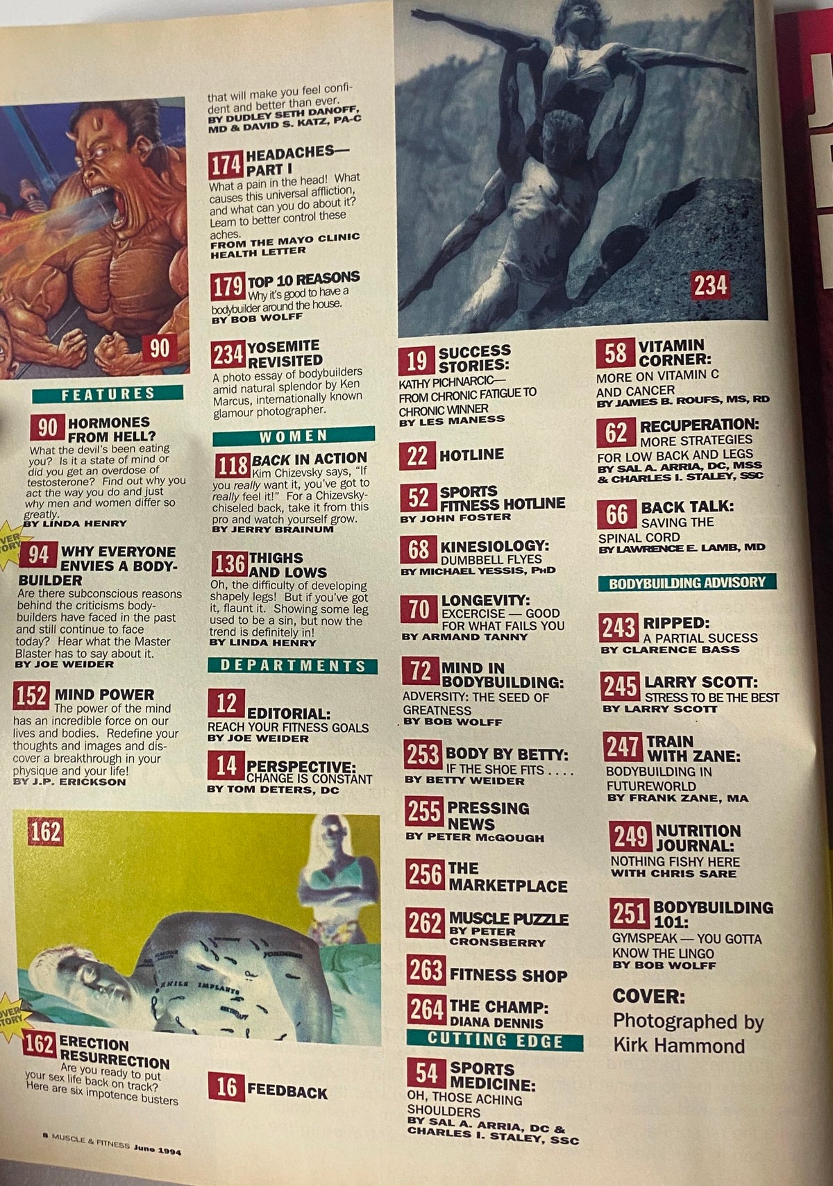 Another interior page of Muscle & Fitness Magazine June 1994 highlighting various fitness articles, including information on hormones and strength training techniques.