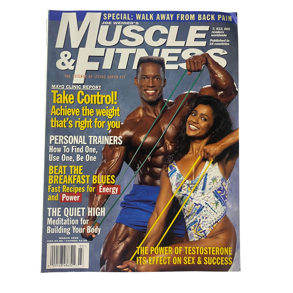 Cover of Muscle & Fitness Magazine March 1995 featuring Shawn Ray and Ramona Braganza, highlighting articles on back pain, breakfast nutrition, personal trainers, and the effects of testosterone on success.
