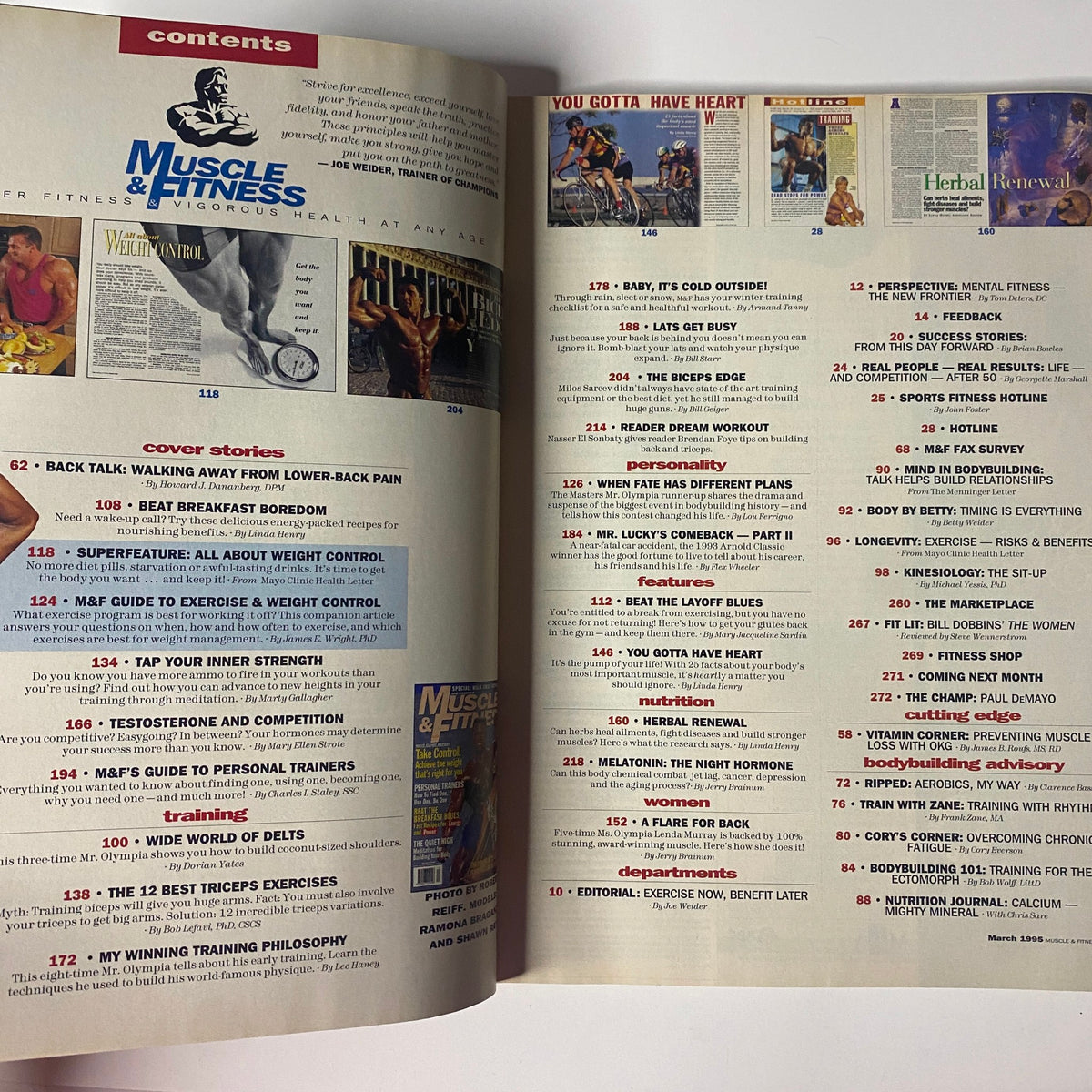 Contents page of Muscle & Fitness Magazine March 1995, featuring articles on fitness topics and notable contributors.