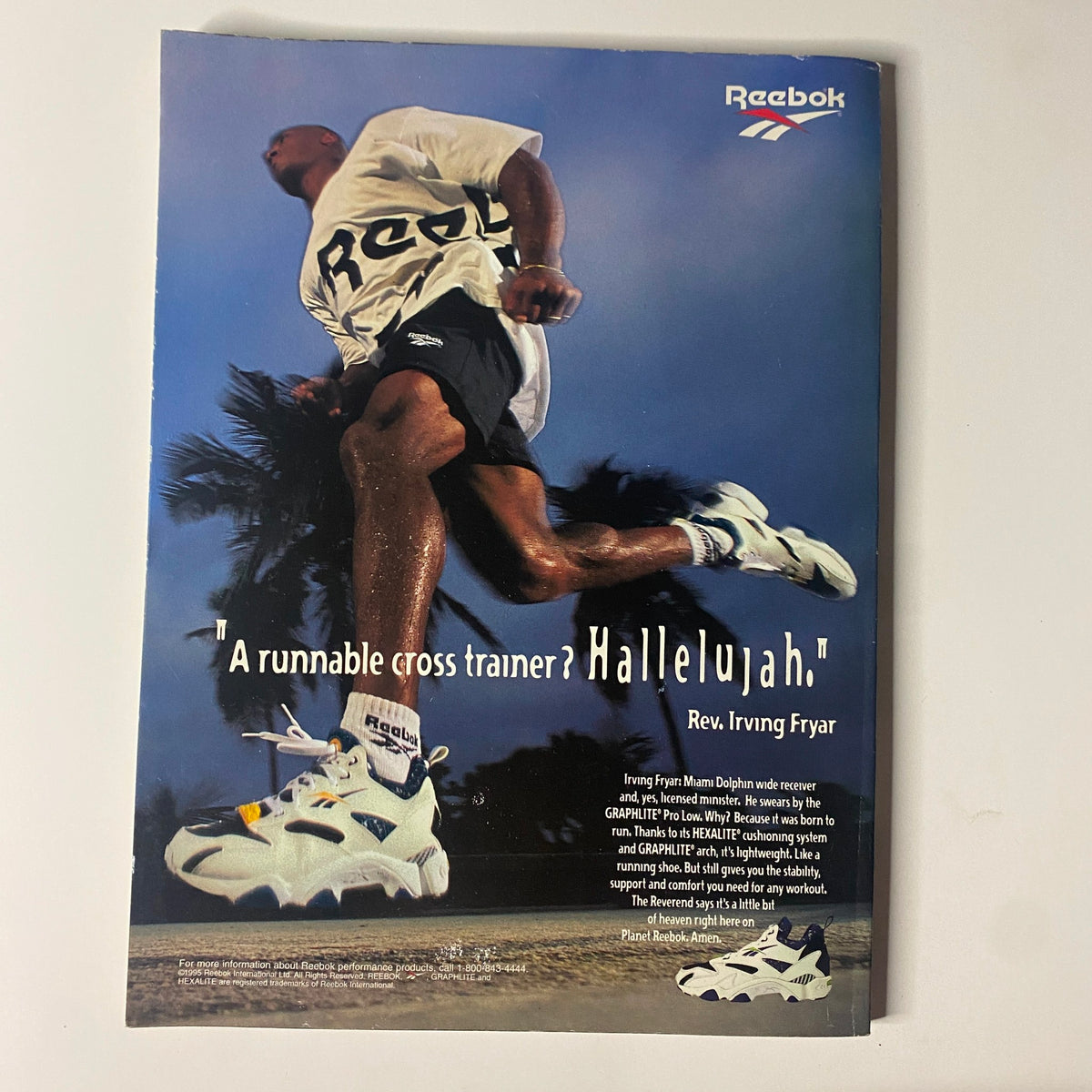 Advertisement for Reebok shoes featuring Rev. Irv Fryar, showcasing a cross trainer with the caption 'A runnable cross trainer? Hallelujah.'