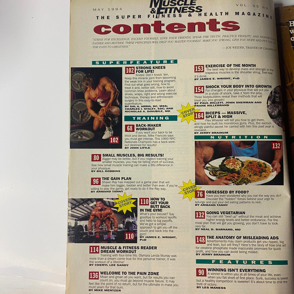 Contents page of Muscle & Fitness Magazine May 1994 showcasing articles on training, nutrition, and fitness highlights.