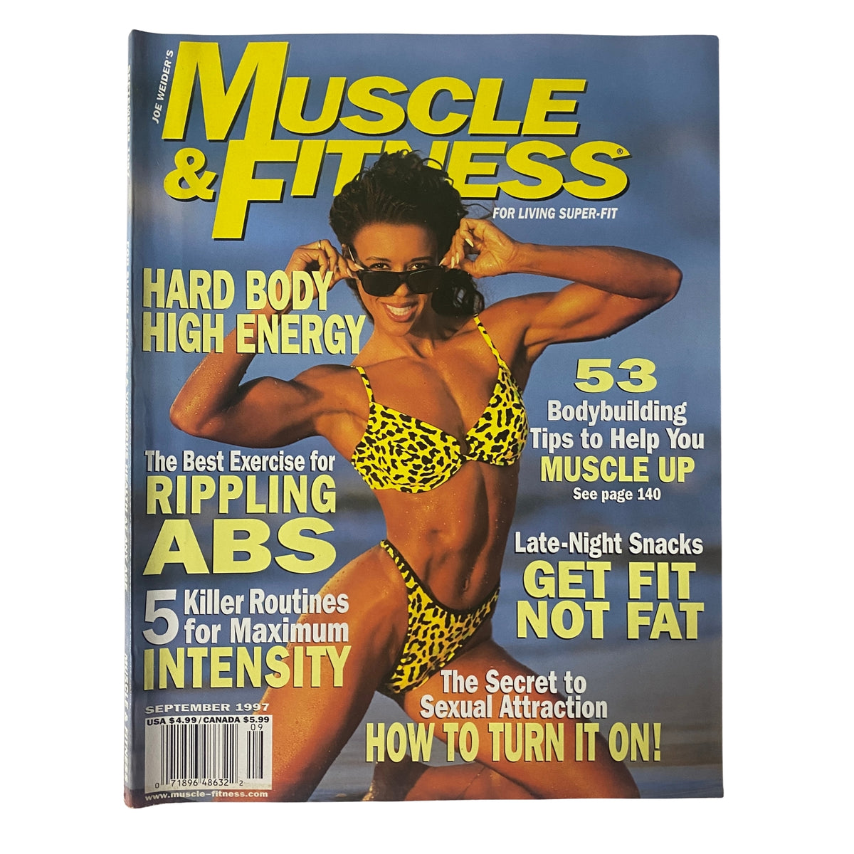 Cover of Muscle & Fitness Magazine September 1997 Vol 58 No. 9 featuring Saryn Muldrow in a bikini, promoting fitness with headlines about bodybuilding tips, nutrition, and exercise. This magazine is in very good condition, collectible for bodybuilding enthusiasts.