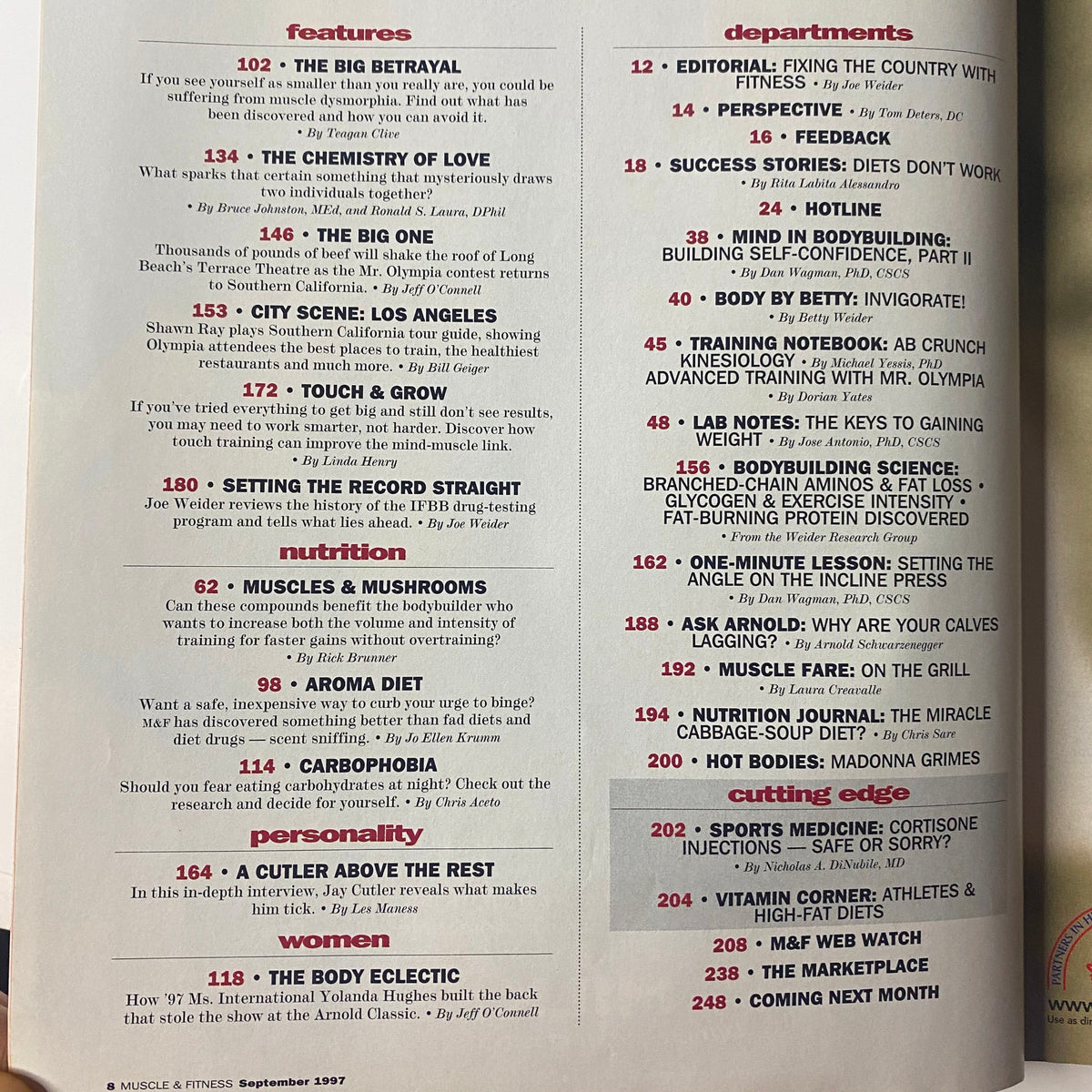 Page featuring additional articles from Muscle & Fitness Magazine September 1997 Vol 58 No. 9, including topics like 'The Big Betrayal' and 'Muscles & Mushrooms,' reflecting the comprehensive coverage of fitness, training, and health in this issue.