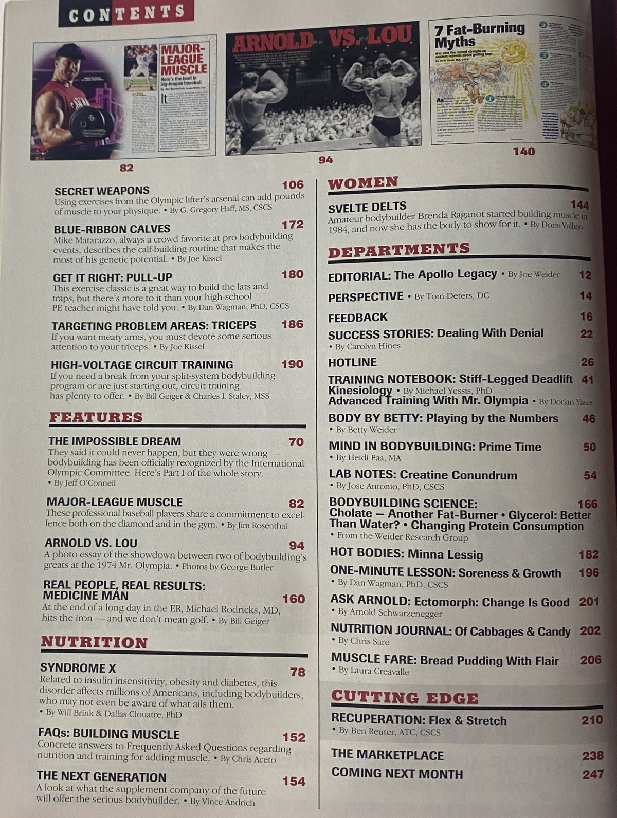 Table of contents from Muscle & Fitness Magazine June 1998 Vol 59 No. 6 detailing various articles on bodybuilding and nutrition.