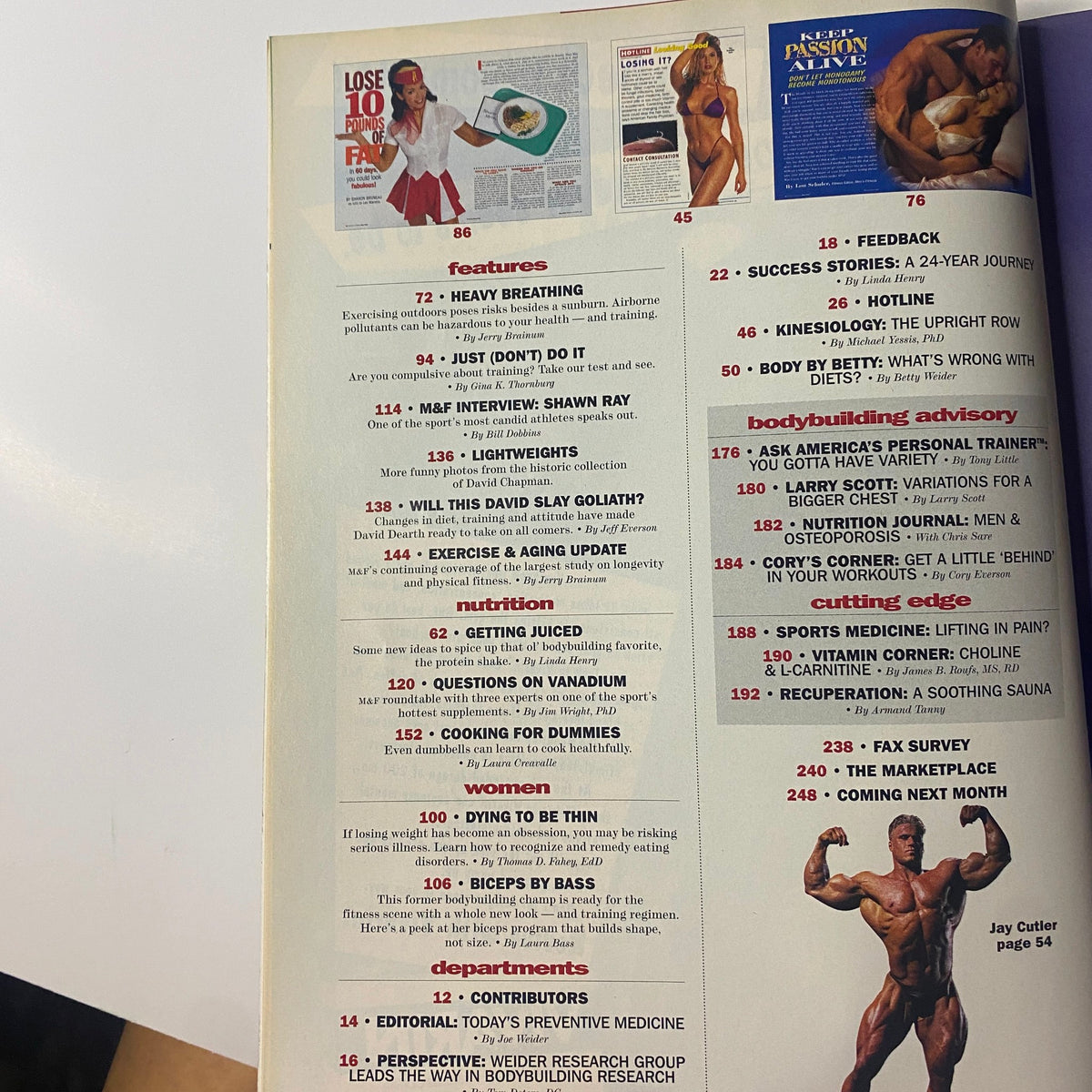 Another contents page from Muscle & Fitness Magazine May 1996 showing features on fat loss, interviews, and fitness advice including Jay Cutler.