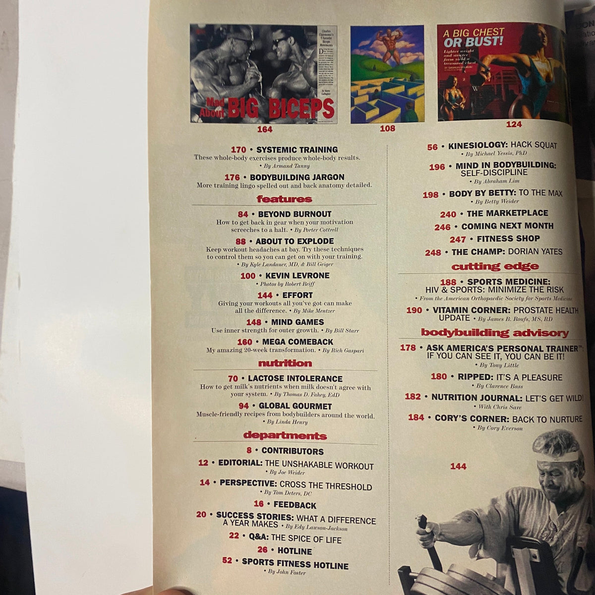 Muscle & Fitness Magazine March 1996 showcasing the index page with articles like Sexual Sabotage and A Big Chest or Bust! highlighting fitness features.