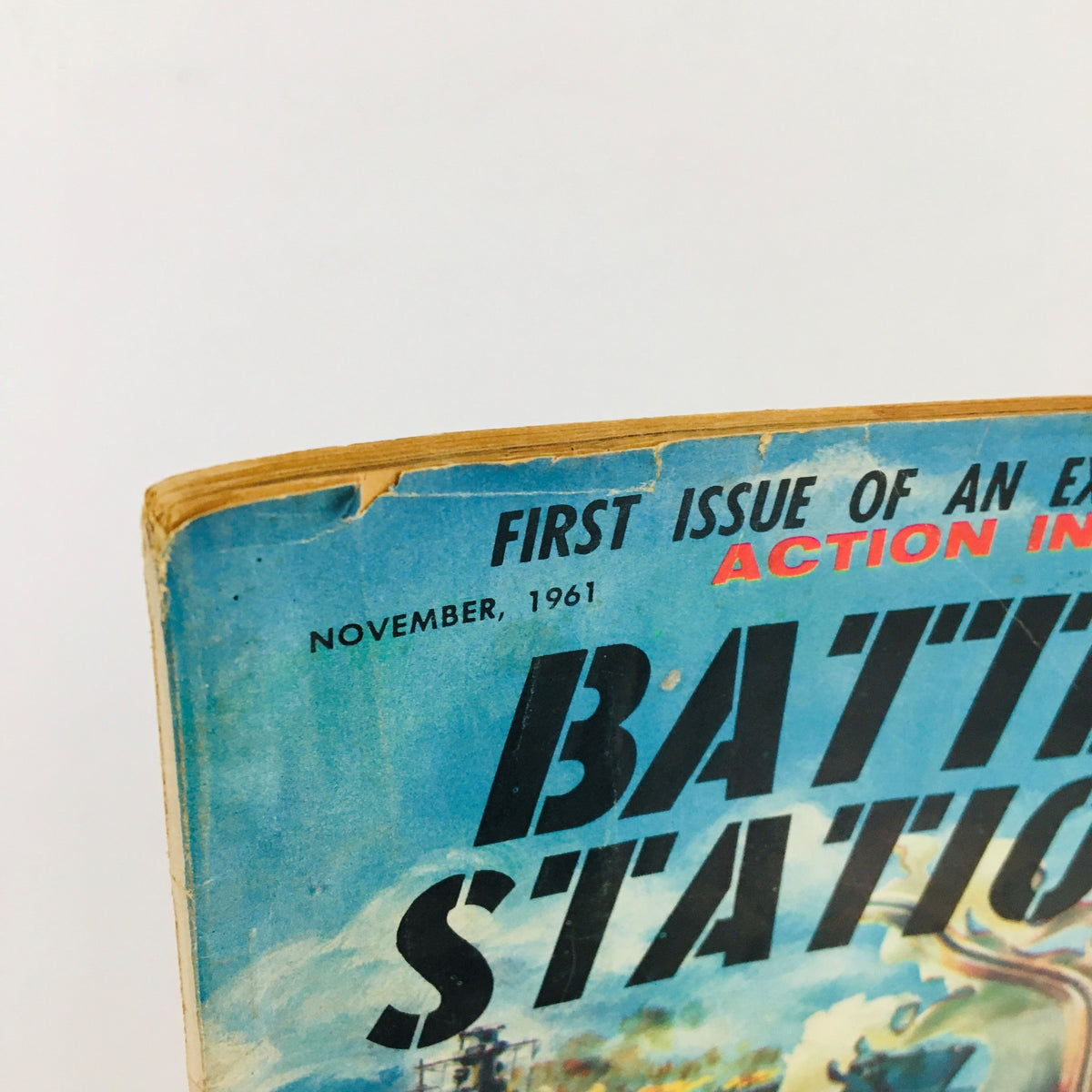 Top edge view of Battle Station Magazine November 1961, displaying the title and publication date, emphasizing its vintage charm.