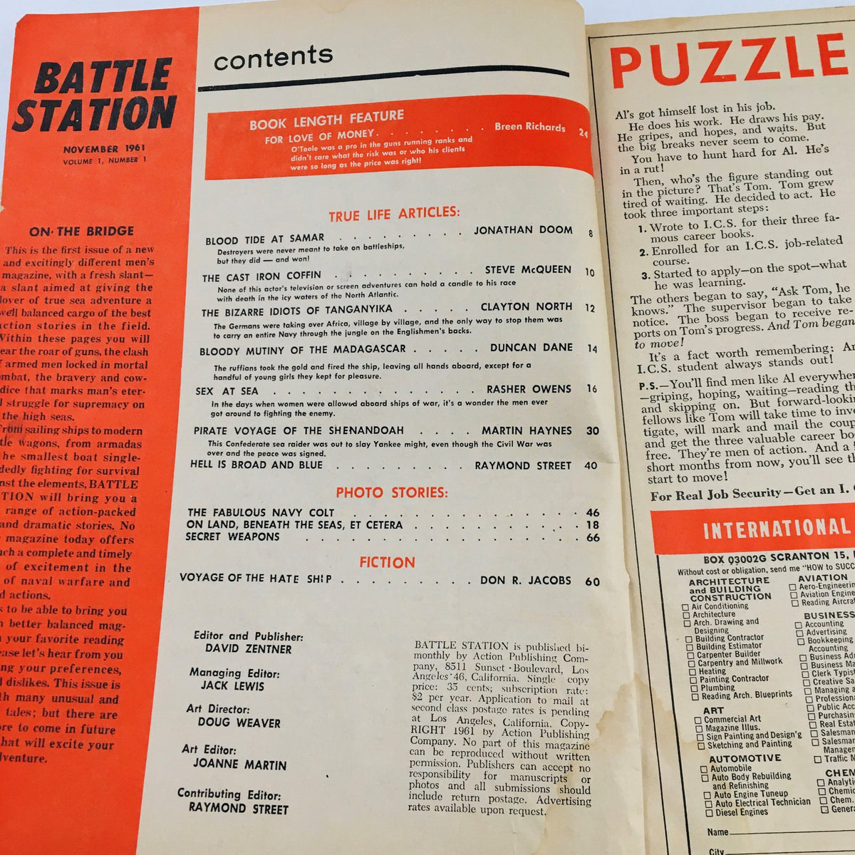 Contents page of Battle Station Magazine November 1961 listing features including 'The Cast Iron Coffin' by Steve McQueen.