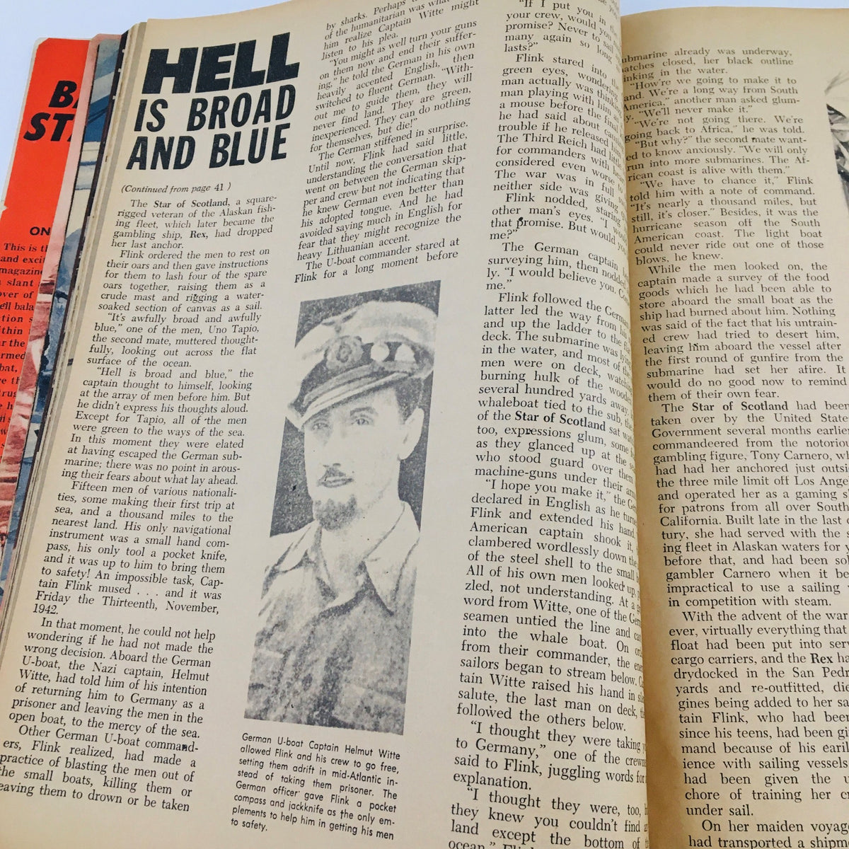 Textual content from Battle Station Magazine November 1961 discussing 'Hell is Broad and Blue' with a photograph of a German U-boat captain.