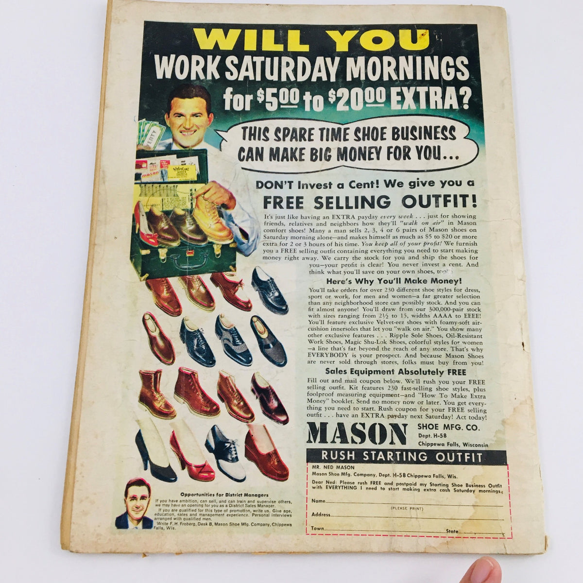 Back cover of Battle Station Magazine November 1961 advertising a shoe business opportunity, featuring various shoe designs and a call-to-action for potential district managers.