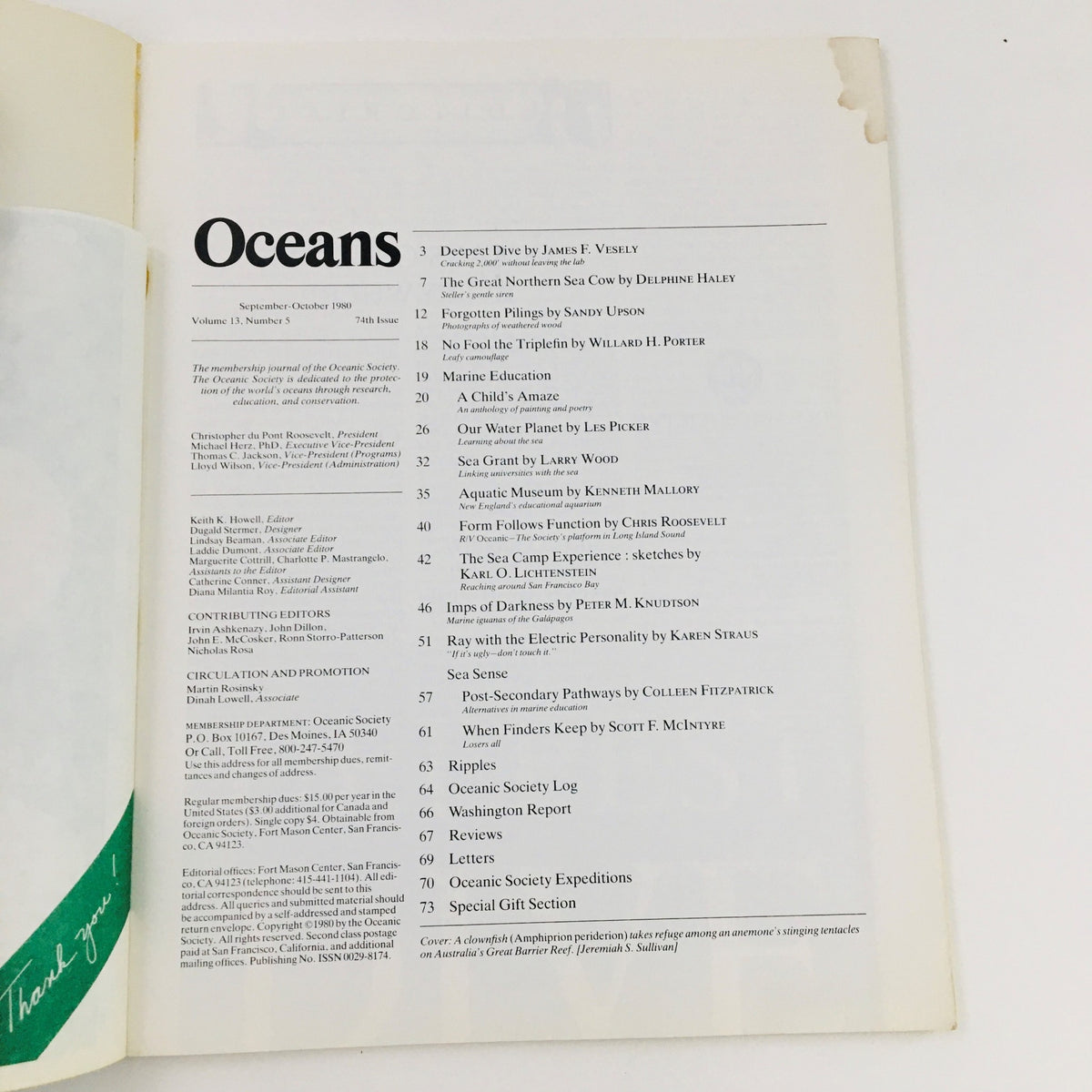 Table of contents from Oceans Magazine September 1980 Vol. 13 No. 5 highlighting articles on marine biology and ocean conservation.