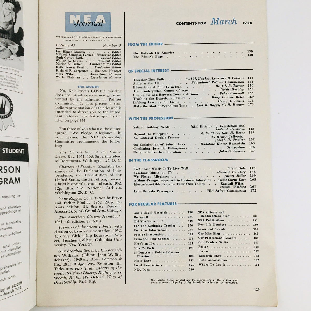 Contents page of NEA Journal Magazine March 1954 Vol. 43 No. 3, detailing features on education, special interest articles, and contributions from various educators.