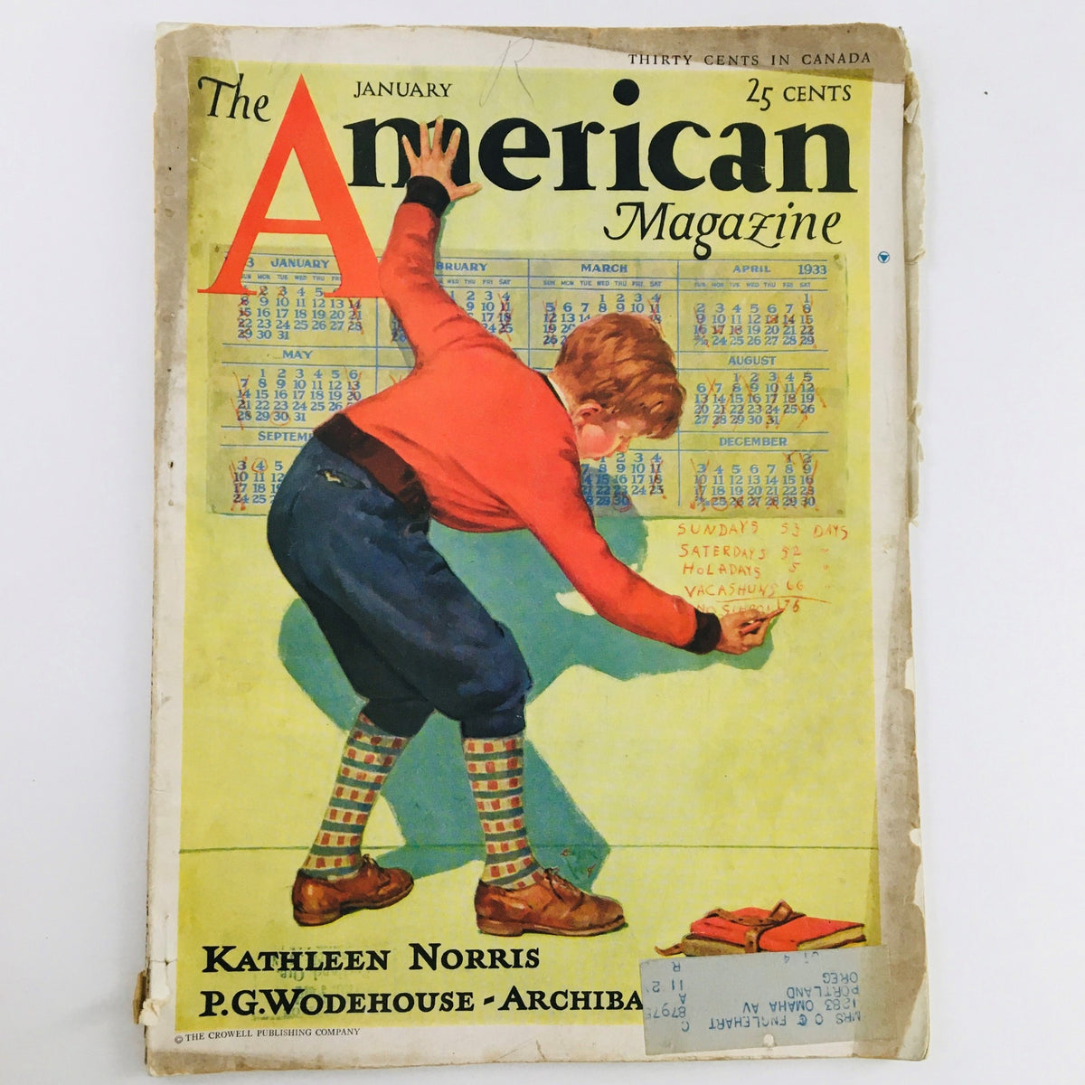 Cover of The American Magazine for January 1933 featuring a child writing on a chalkboard with a calendar. This vintage magazine issue discusses why people don't go to church, capturing the essence of early 20th-century religious attitudes.