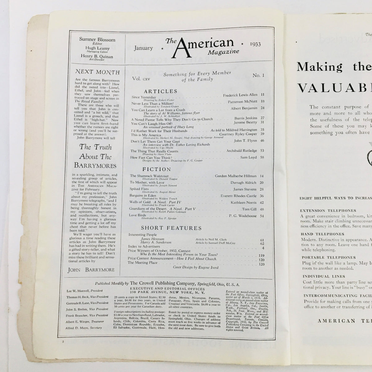 Interior page of The American Magazine January 1933 showcasing the table of contents, including articles and fiction sections relevant to early 20th-century society.
