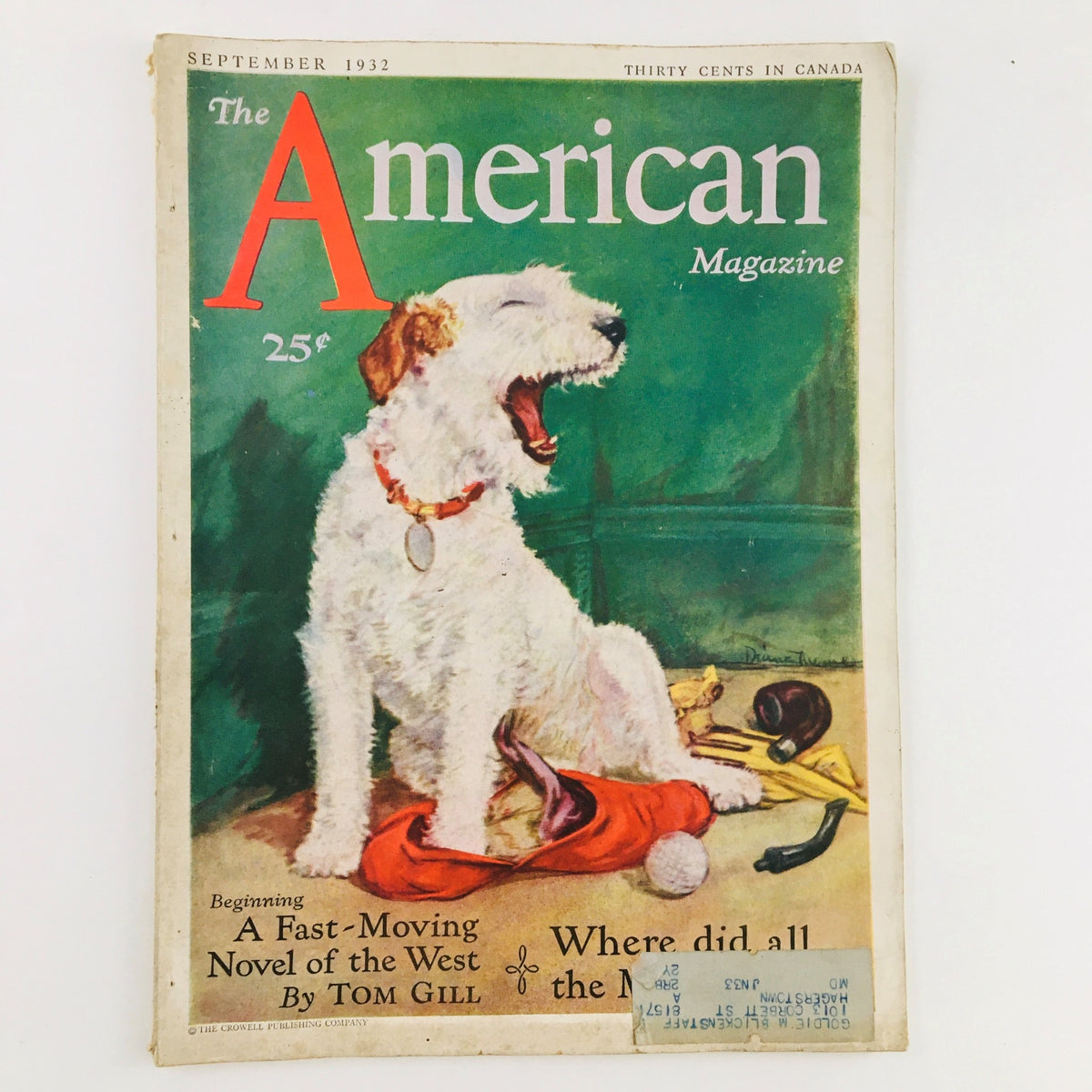 Cover of The American Magazine September 1932 featuring a playful dog, highlighting the issue's title and price.