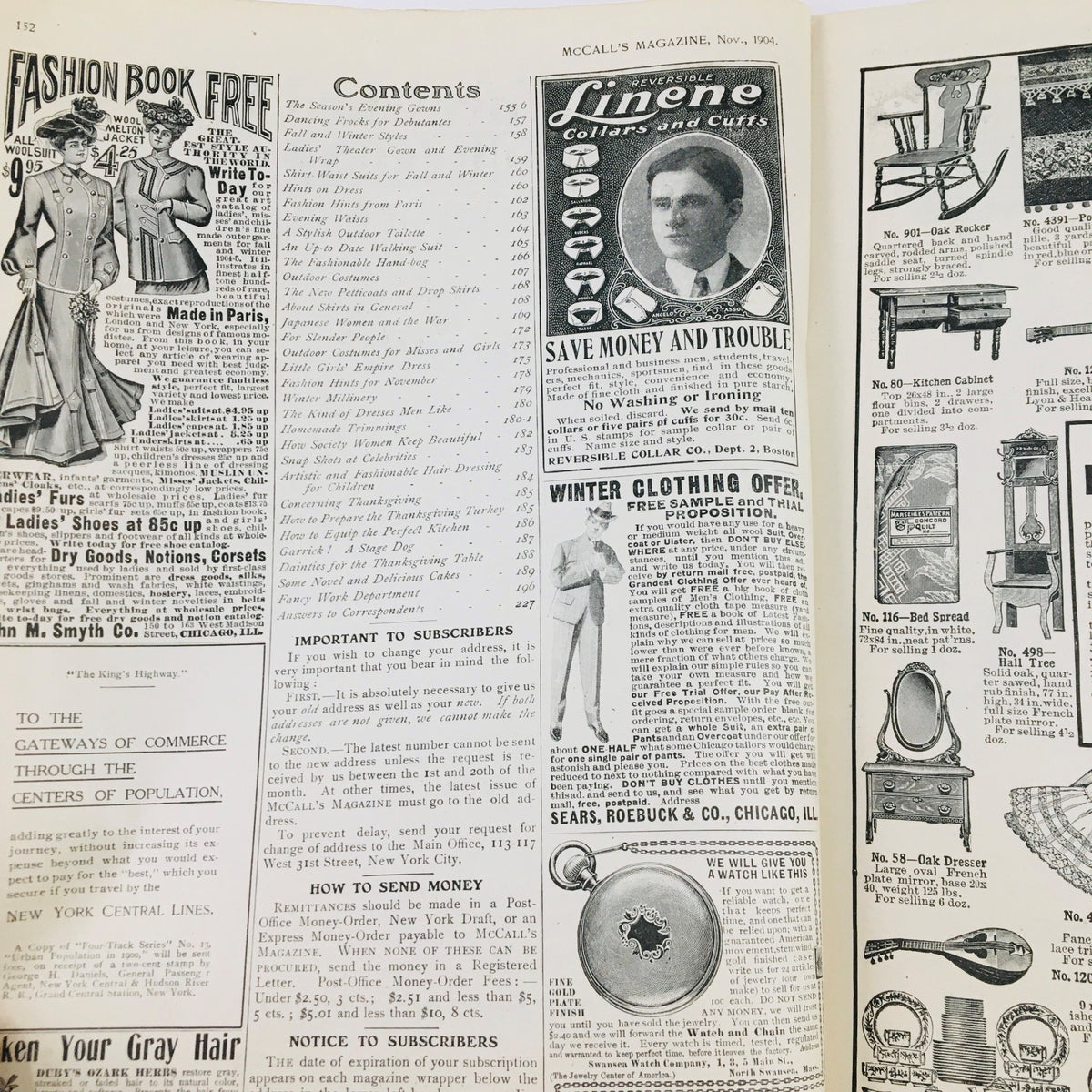 Interior page of VTG McCall's Magazine November 1904, featuring contents and advertisements related to fashion and home goods.