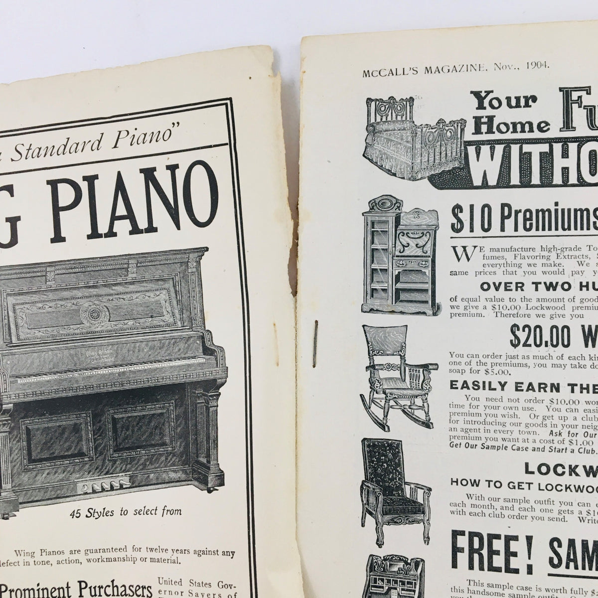 Inside page of VTG McCall's Magazine November 1904 showcasing advertisements for pianos and furniture, highlighting early 20th-century marketing.