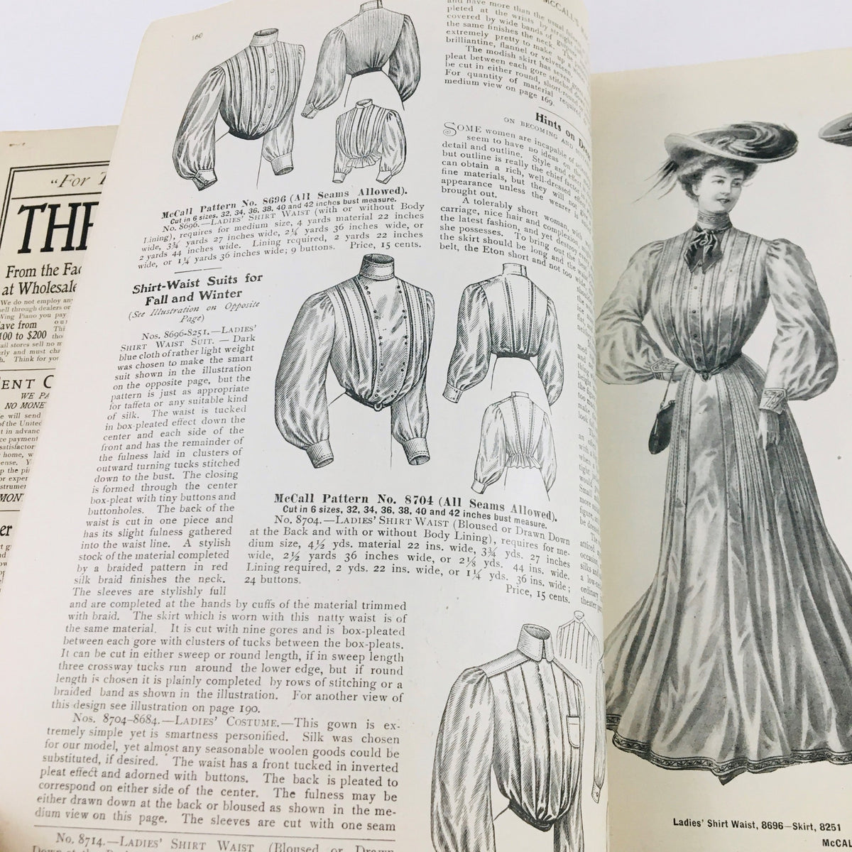Detailed illustration of shirt-waist suits from VTG McCall's Magazine November 1904, depicting early 1900s clothing styles and design features.