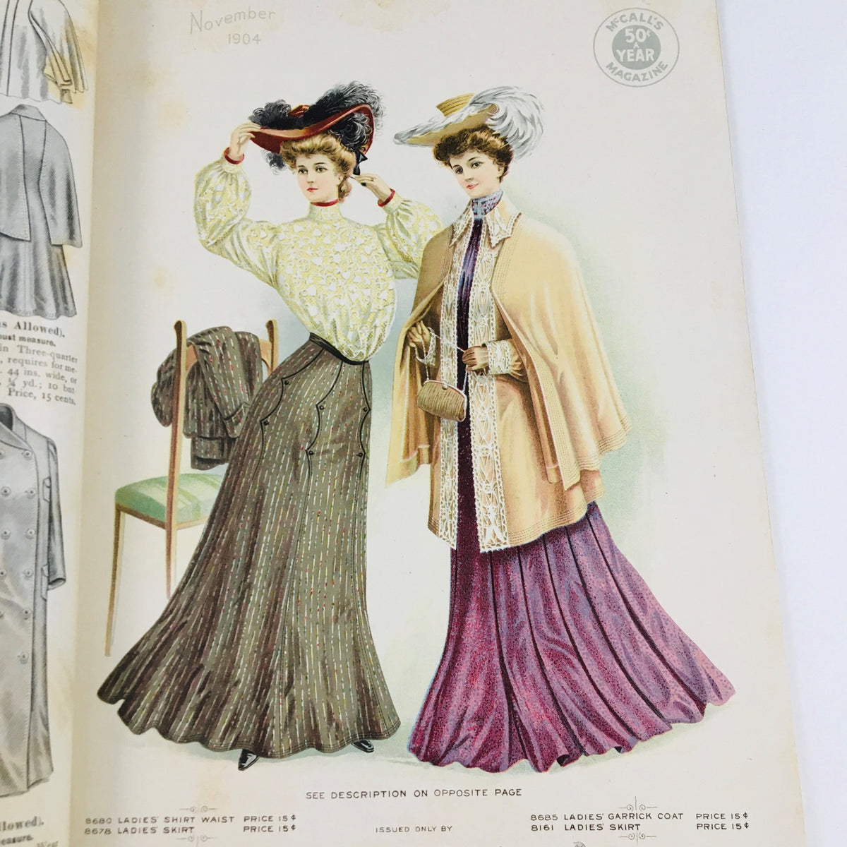 Colorful fashion illustration from VTG McCall's Magazine November 1904, displaying ladies in stylish outfits with hats, representing the seasonal fashion trends.