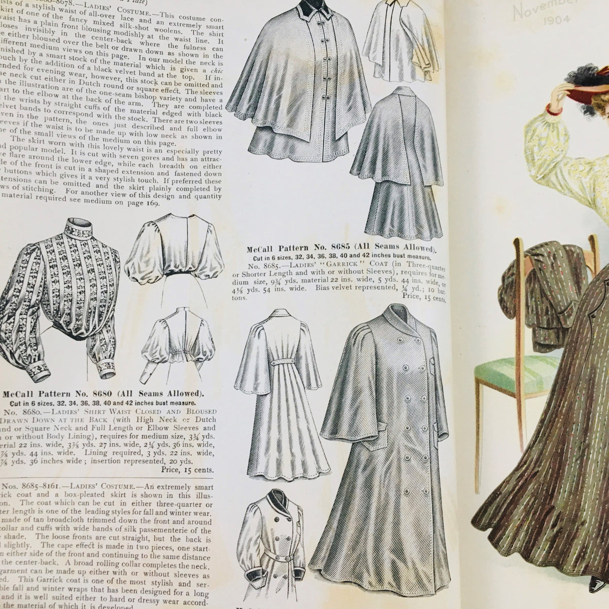 Inside page of VTG McCall's Magazine November 1904 showcasing blouse and cape patterns for women's attire, featuring detailed illustrations and descriptions.