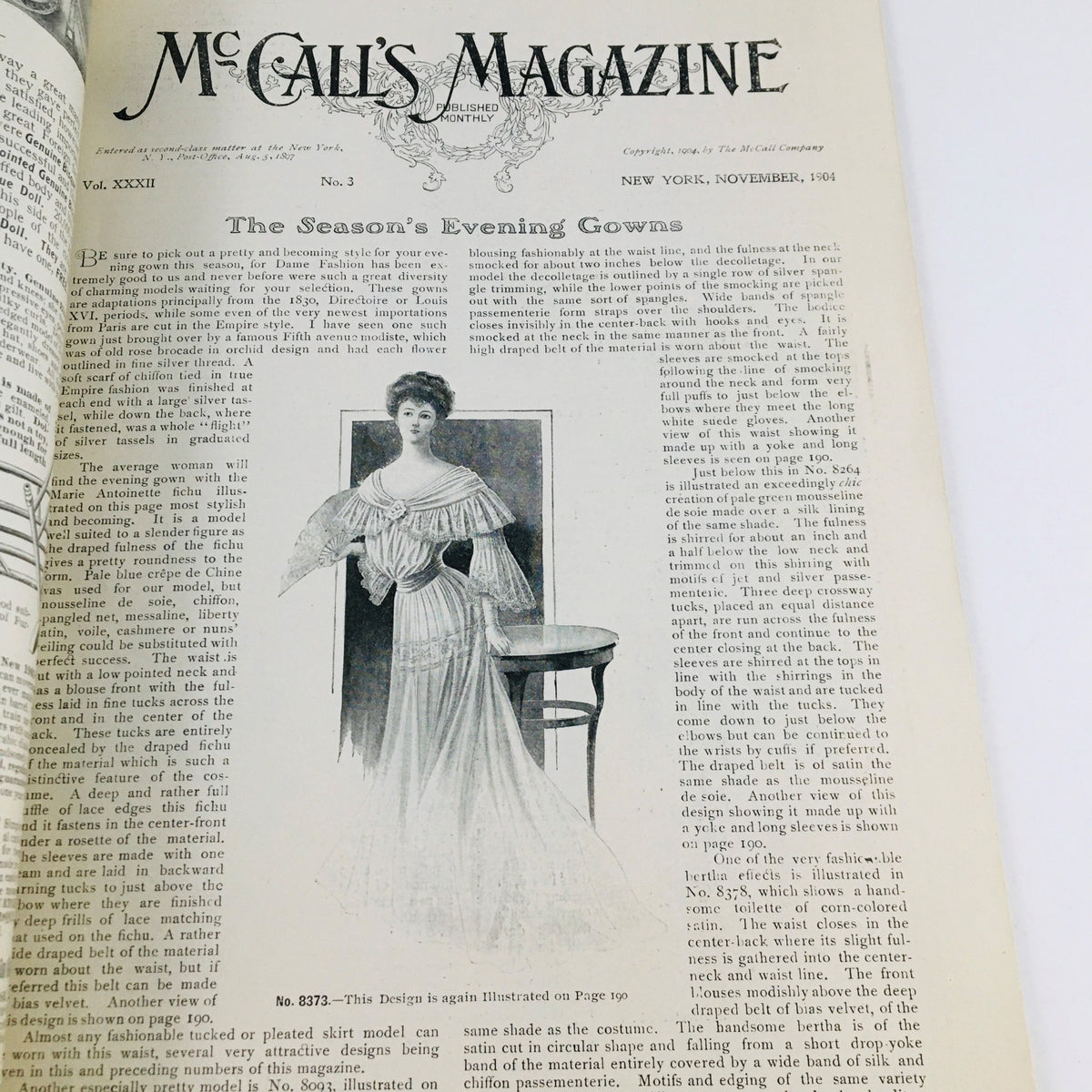 Main feature article from VTG McCall's Magazine November 1904, titled 'The Season's Evening Gowns', displaying an elegant gown design and detailed fashion illustration.