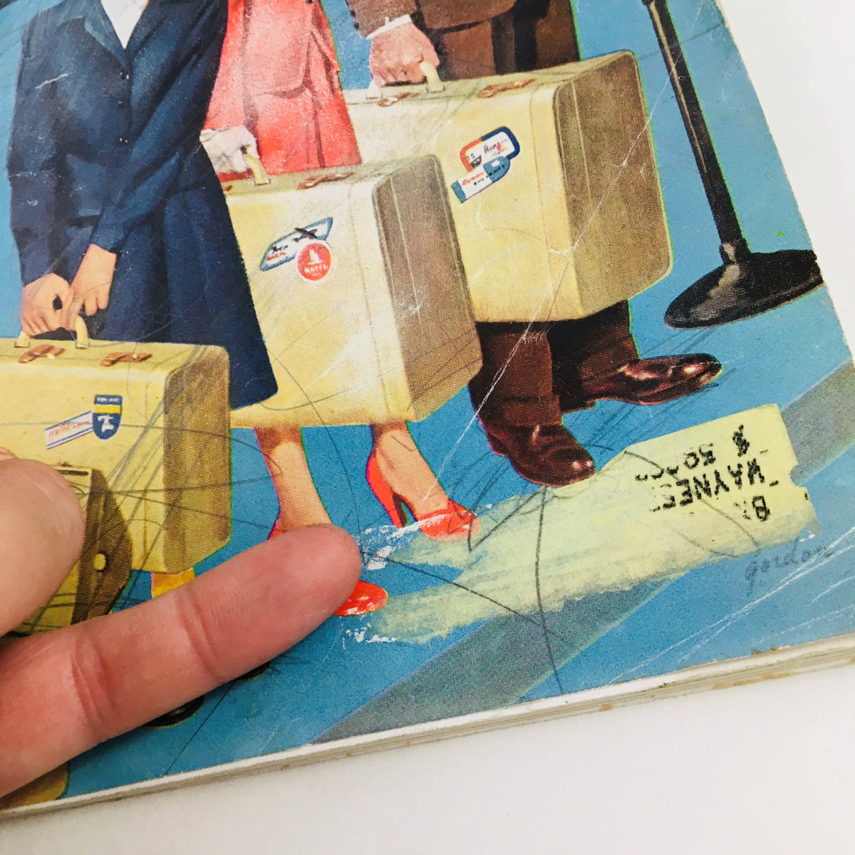 Another close-up of the cover of The American Magazine, June 1952, featuring characters holding suitcases, accentuating the vintage style related to 'How To Get Along In The Army' by Curt Simmons.