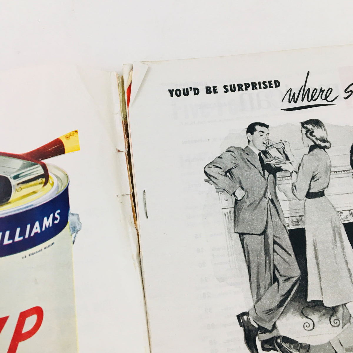 Inside view of The American Magazine June 1952 showing an advertisement and couple engaged in conversation, related to the article by Curt Simmons.