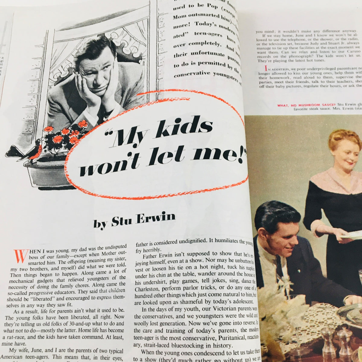 An article titled 'My kids won't let me!' by Stu Erwin in The American Magazine June 1952, examining family dynamics.