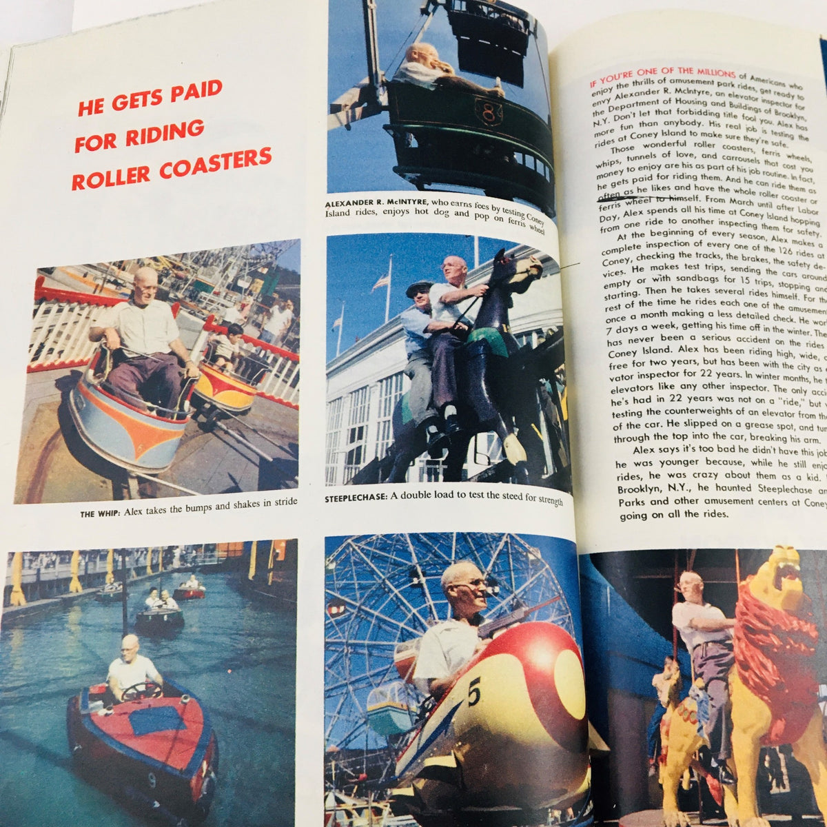 The American Magazine June 1952, How To Get Along In The Army by Curt Simmons, showcasing a collage of images from amusement parks, highlighting roller coasters and rides with an elderly man enjoying them.
