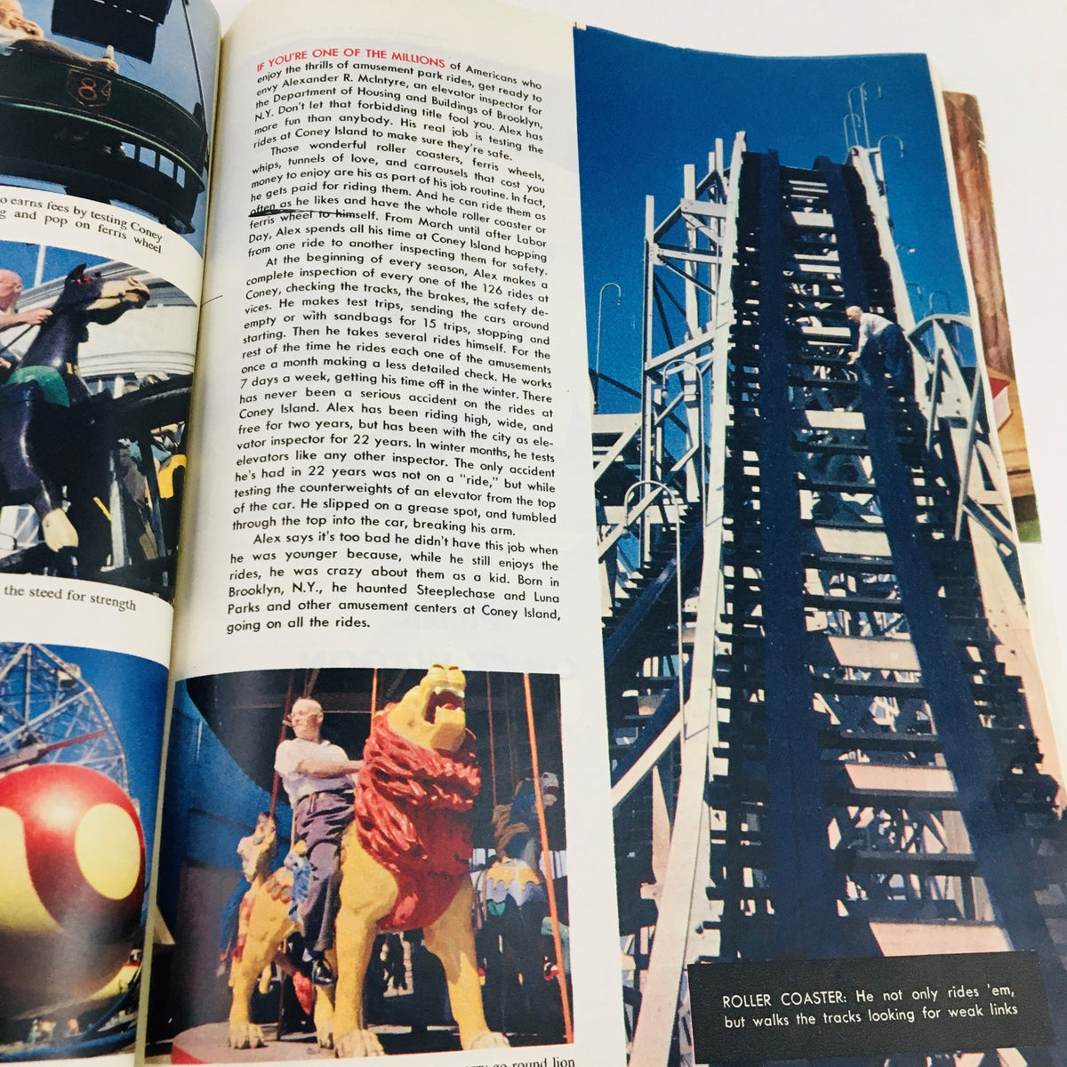 The American Magazine June 1952, How To Get Along In The Army by Curt Simmons, illustrating a roller coaster scene with a focus on thrill rides and safety checks conducted by an amusement park inspector.