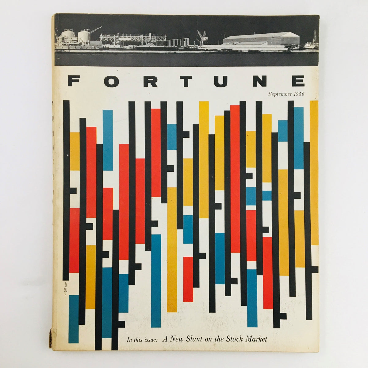 Cover of Fortune Magazine from September 1956, featuring colorful geometric designs and the title 'A New Slant on the Stock Market.'