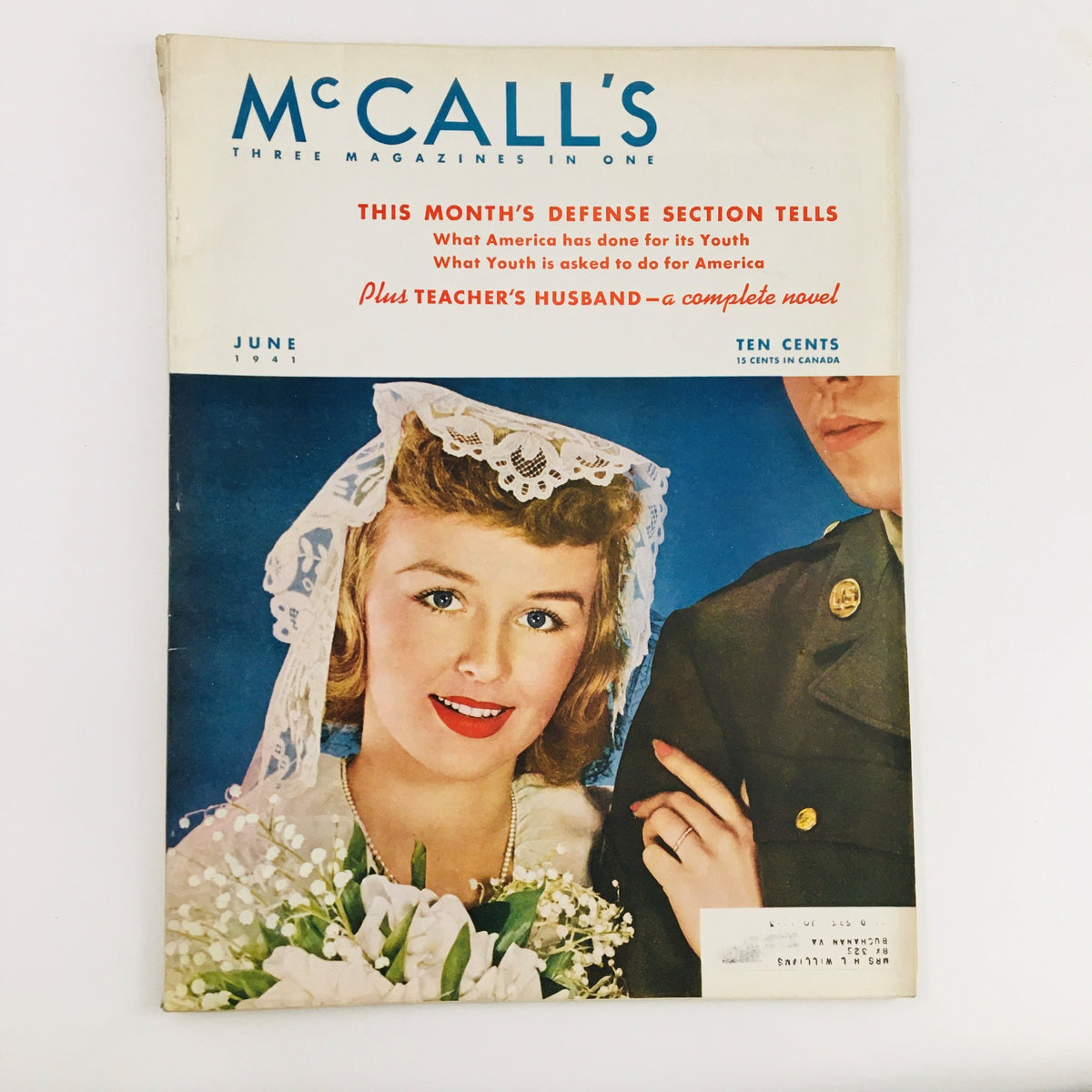 Cover of VTG McCall's Magazine from June 1941 featuring a bride with flowers and a soldier, highlighting ripe strawberries and tender asparagus.