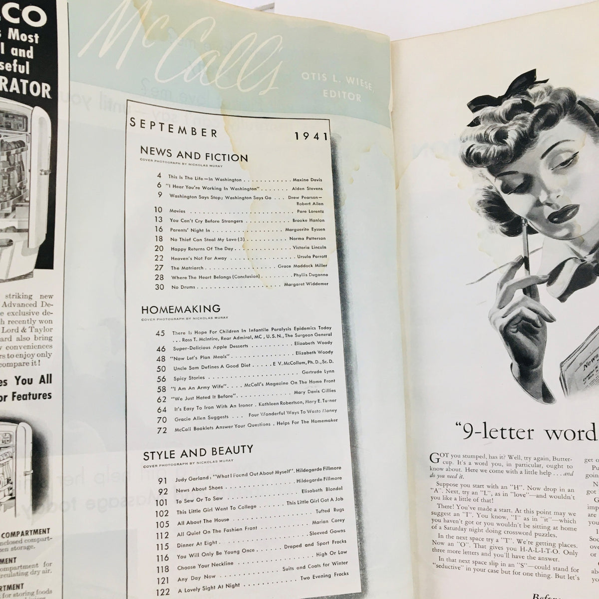 Inside page of VTG McCall's Magazine September 1941 displaying the table of contents and featured articles, including Heaven's Not Far Away by Ursula Parrott.