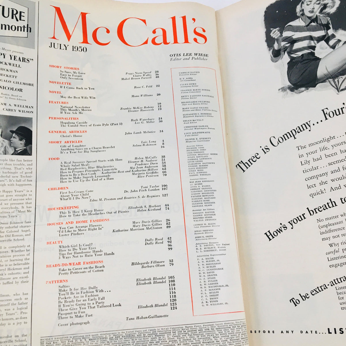 Inside spread of VTG McCall's Magazine July 1950 highlighting the table of contents, including various articles and features from the era.