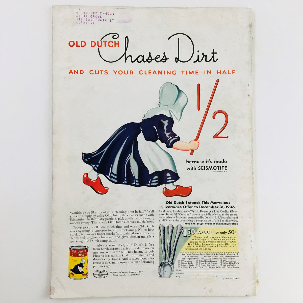 Back cover of Better Homes & Gardens Magazine June 1936 featuring an advertisement for Old Dutch cleaning products with a vintage illustration.
