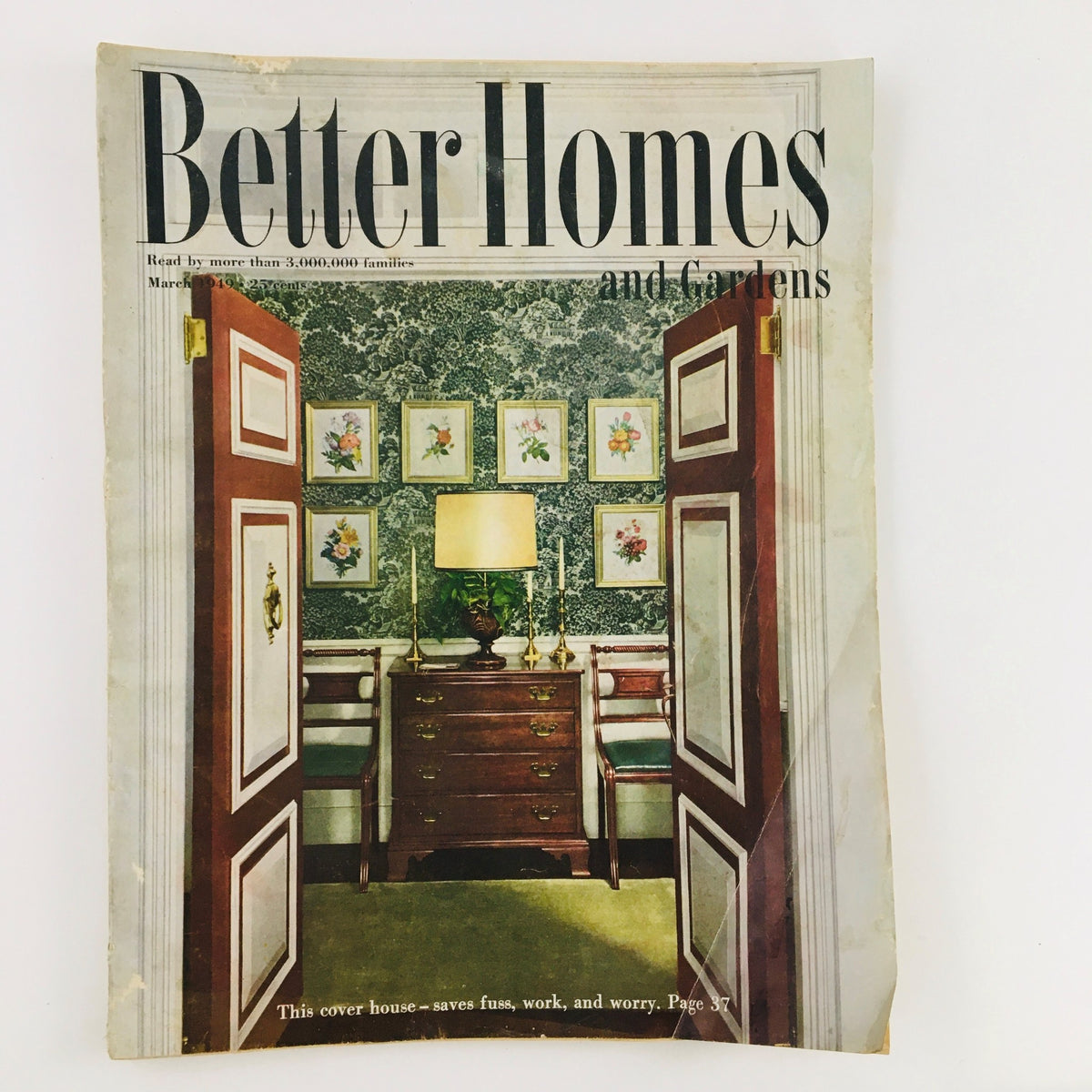 Cover of Better Homes & Gardens Magazine March 1949, showcasing an inviting interior scene with floral wallpaper, vintage furniture, and a decorative lamp, embodying the essence of mid-20th century home design.