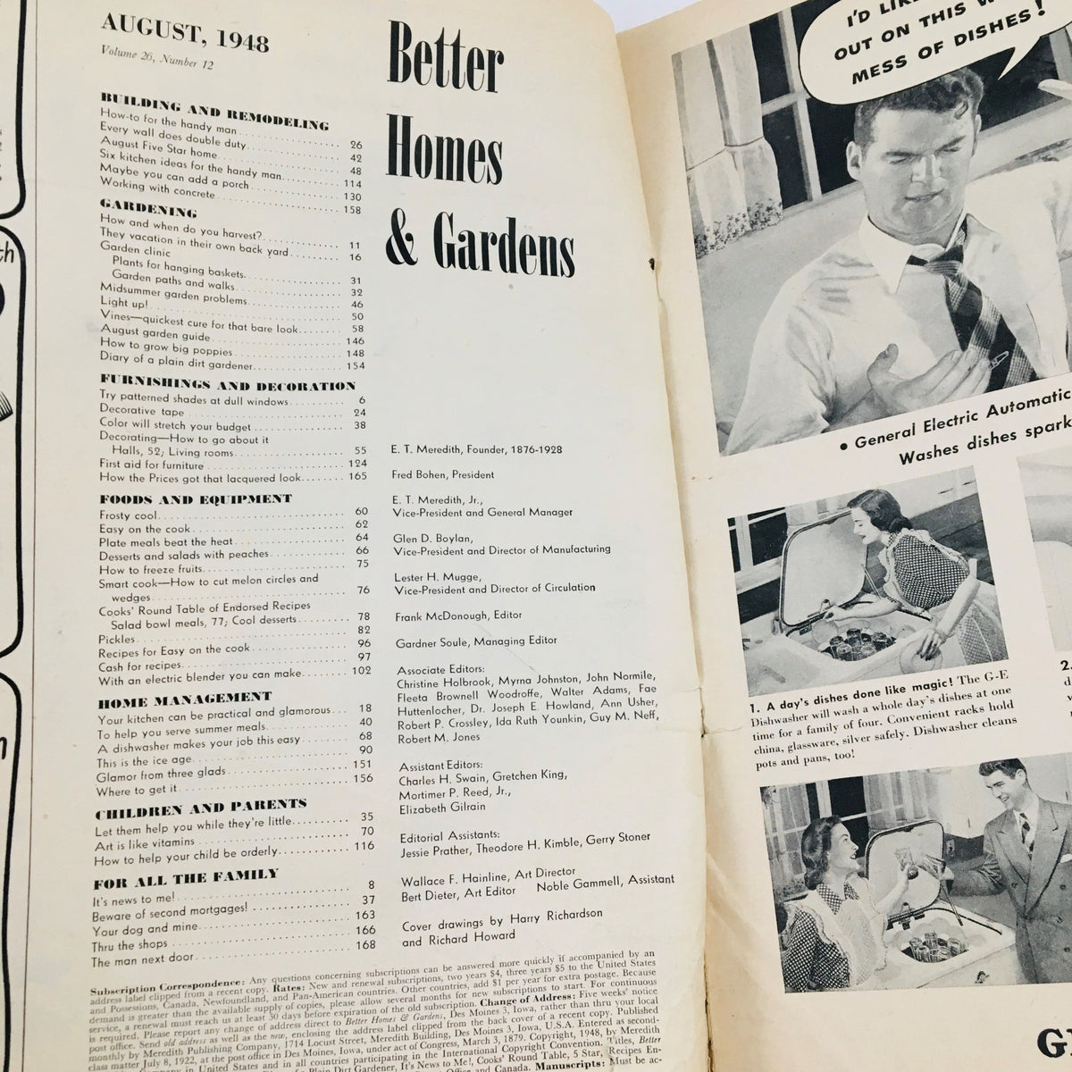 Inside page of Better Homes & Gardens Magazine August 1948 displaying the table of contents, outlining various topics like home management, gardening, and decorating.