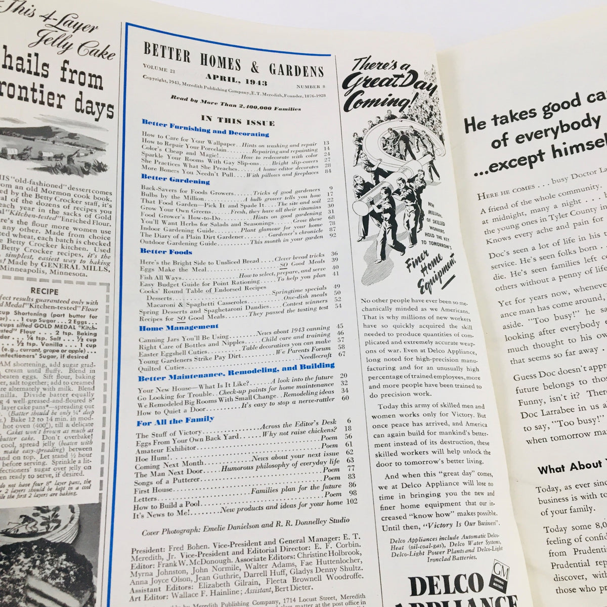 Inside page of Better Homes & Gardens Magazine April 1943 displaying the table of contents and articles related to home improvement and gardening.