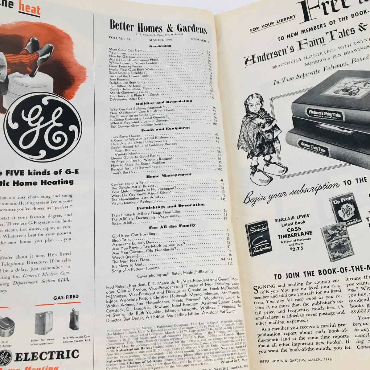Interior page of Better Homes & Gardens Magazine March 1946 displaying the table of contents and vintage advertisements.