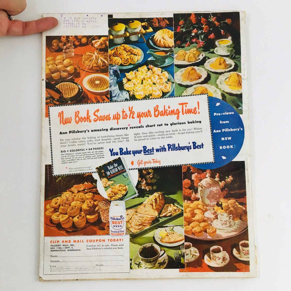 Back cover of Better Homes & Gardens Magazine March 1946 showcasing a colorful arrangement of baked goods and desserts with a promotional blur for Ann Pillsbury's baking book, emphasizing the theme of culinary delights and the magazine's vintage appeal.