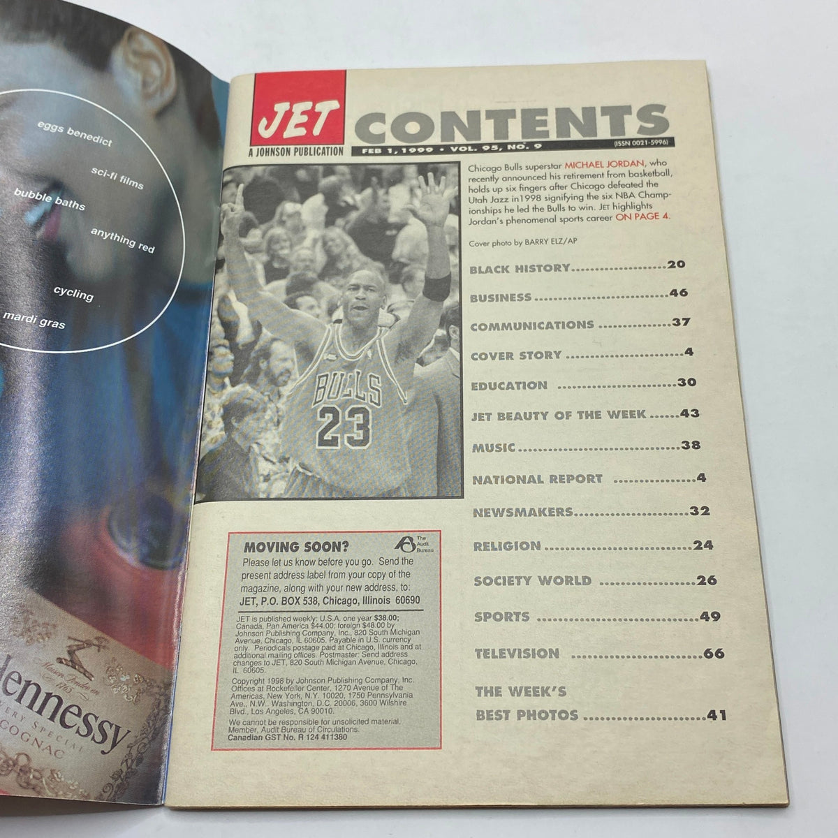 Contents page of Jet Magazine, February 1, 1999, Vol 95 No. 9, highlighting Michael Jordan's retirement and featuring various topics like Black history and sports.