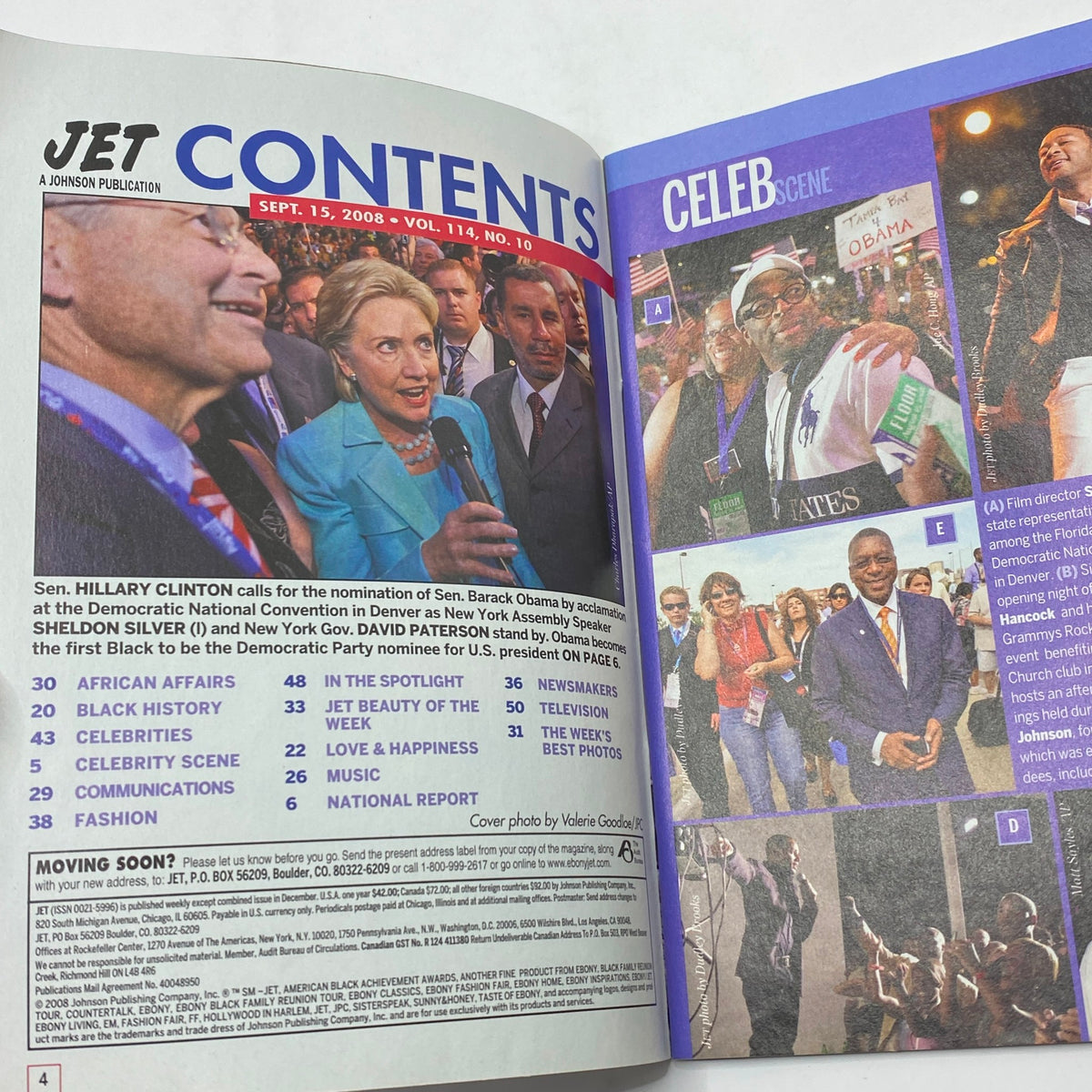 Inside page of Jet Magazine September 15, 2008 Vol 114 No. 10 featuring table of contents and event highlights including Barack Obama.